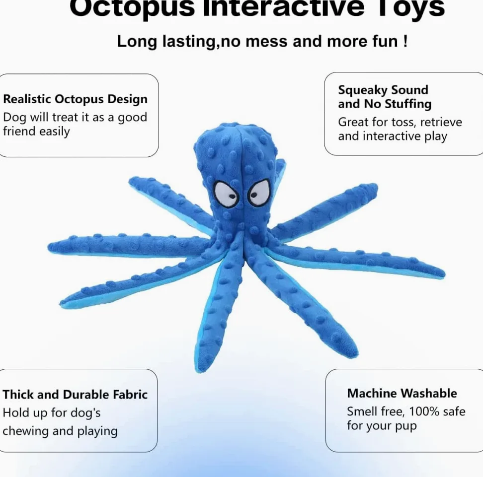 USB Squeak Dog Toy Octopus-No fill plissettato peluche per cani, cucciolo giocattolo, resistente giocattolo interattivo per masticare cani dinosauro, cani piccoli, medi e grandi (4 colori)-blue