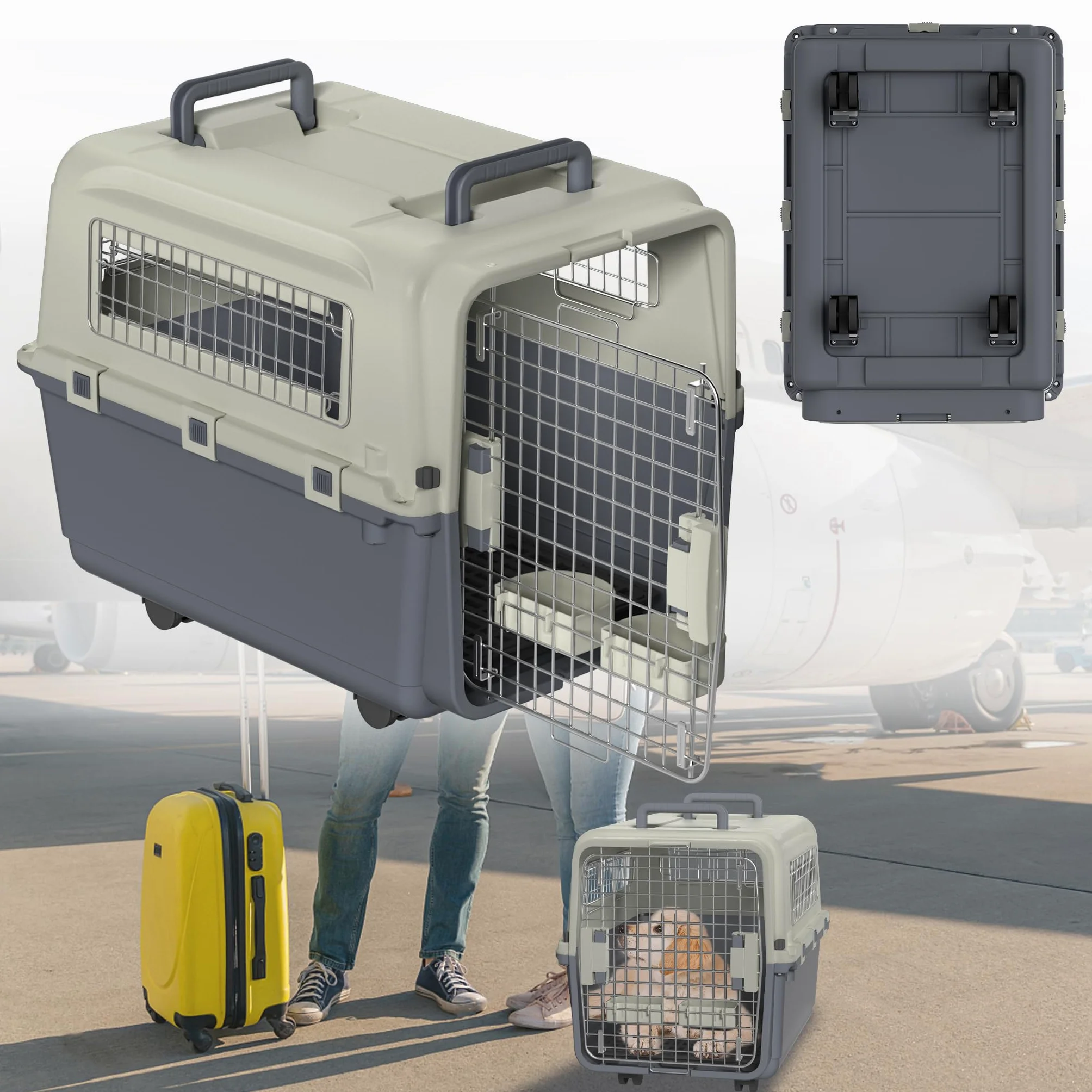 Trasportino per cani con ruote di trasporto, trasportino per gatti, in plastica, con porta di ventilazione, grande trasportino per cani (67 x 51 x 58,5 cm)