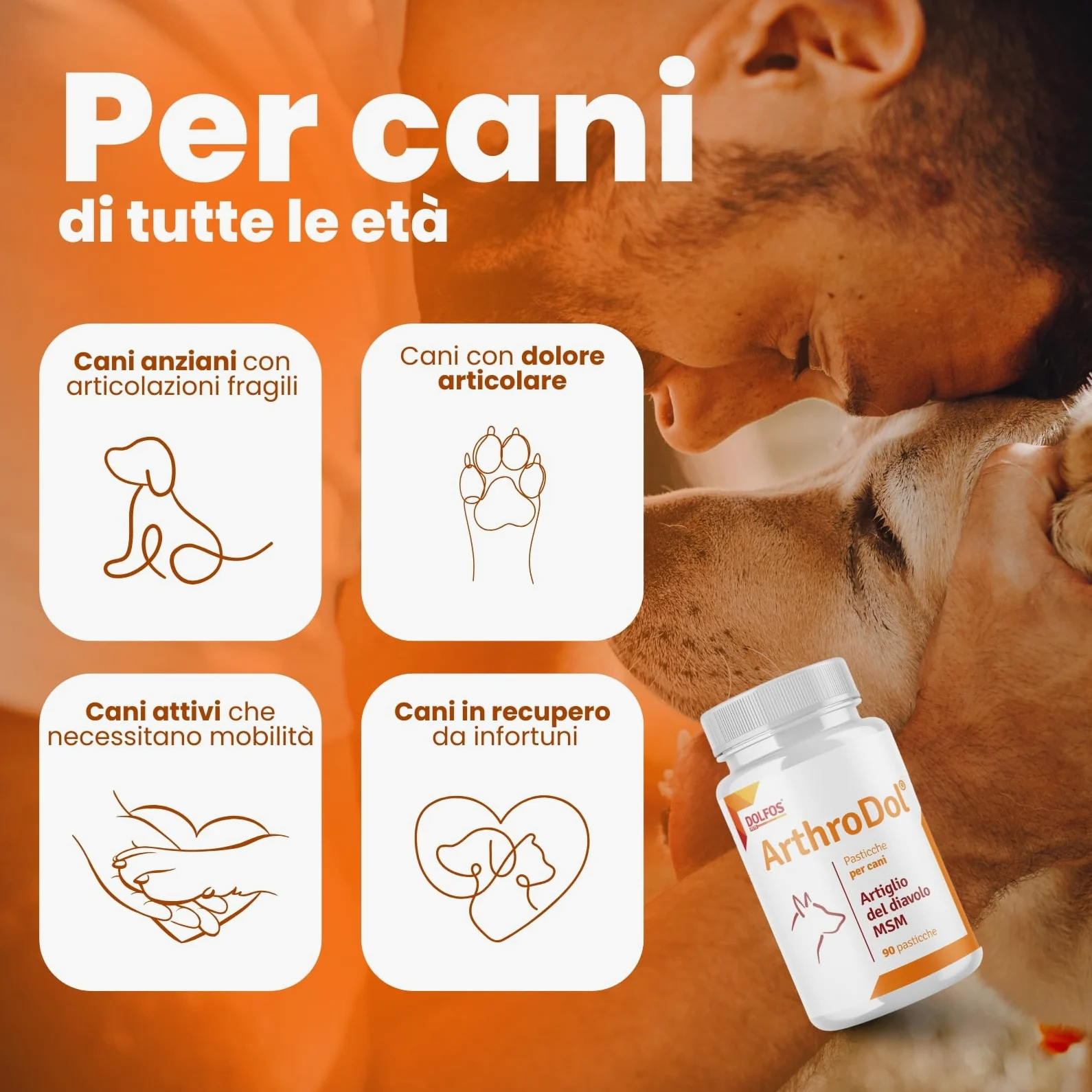 Dolfos Pets ArthroDol Integratore Articolazioni Cane, Antinfiammatorio e Analgesico Favorisce la Mobilità dei Cani Anziani 100% Naturale 90 Compresse