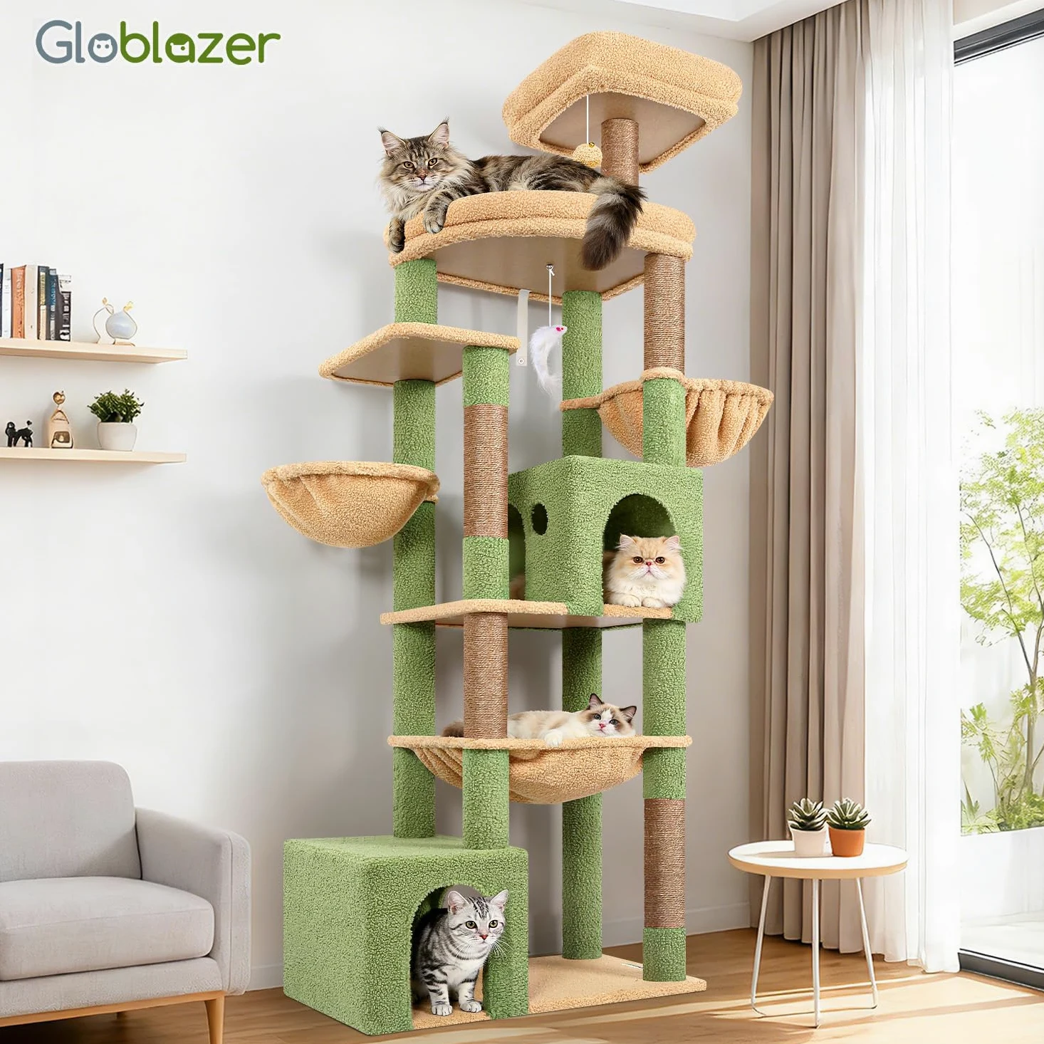 Globlazer Albero Tiragraffi per Gatti XXL 194 cm con 2 Grande Grotte, Immenso Amaca 50 * 40CM, Piattaforma Imbottiti, 2 Cestini, Trespoli, Enorme Cactus Tiragraffi per 3-5 Gatti Adulti (S76B, Verde)