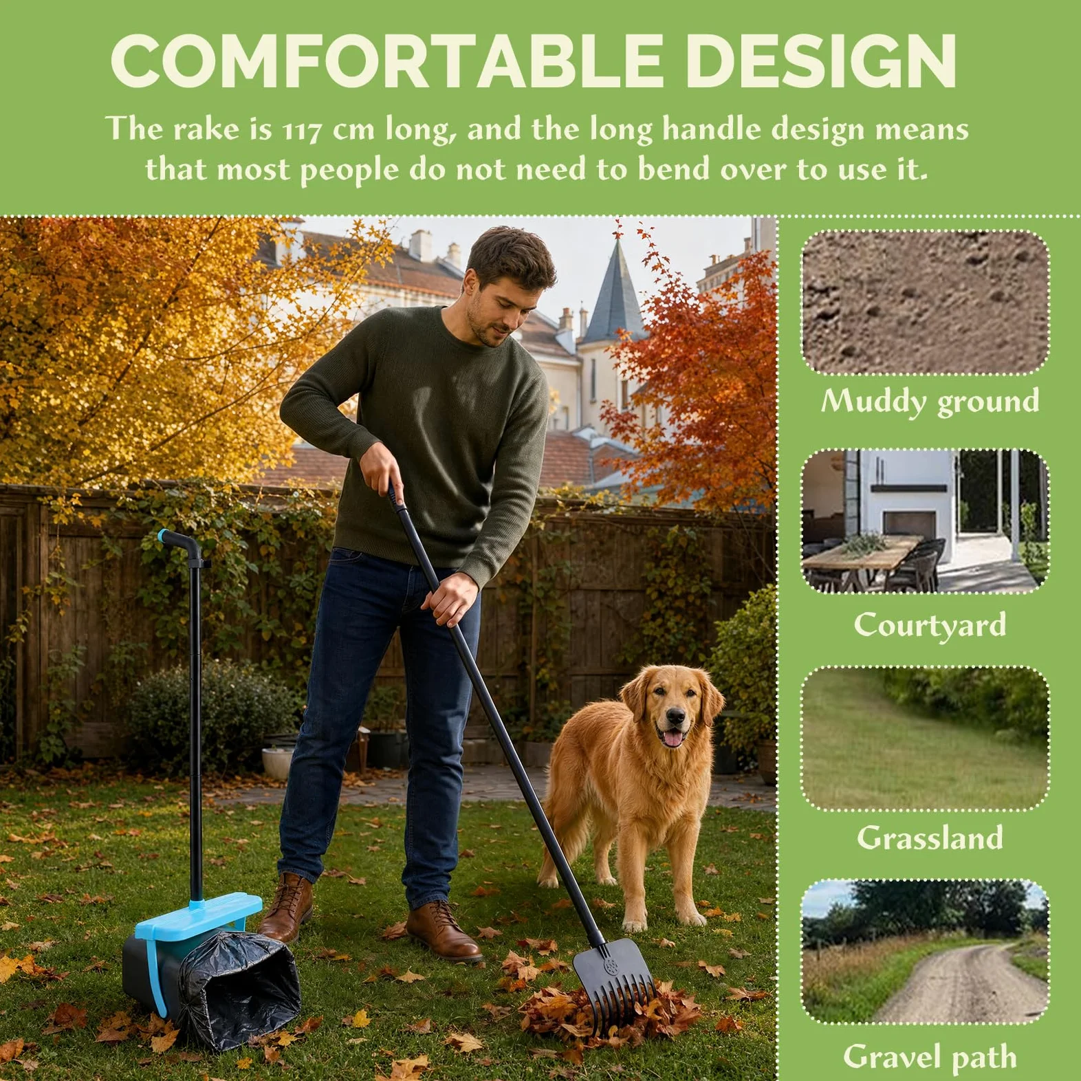 Kit con paletta girevole e rastrello per cani, manico lungo 116,8 cm, paletta regolabile per rifiuti di animali domestici, con cestino da 101,6 cm e 35 sacchetti per rifiuti, raccoglitore portatile