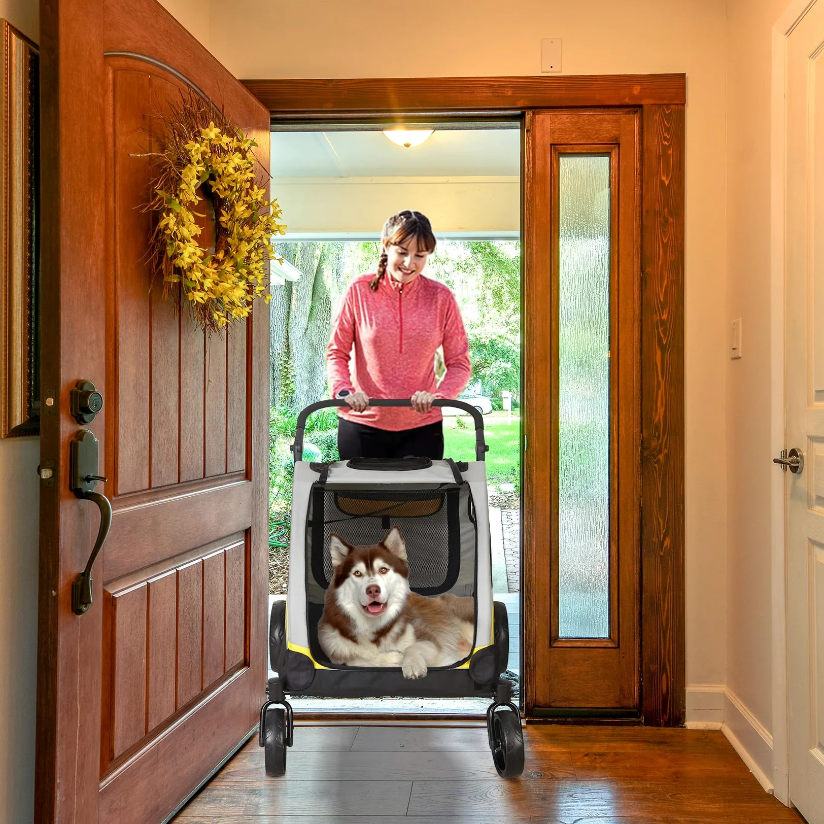 BingoPaw XL Passeggino per cani Grandi 65 kg Passeggino per Animali Domestici Pieghevole, Ruote dei freni per cani, Traspirante, Ammortizzante, Sicuro