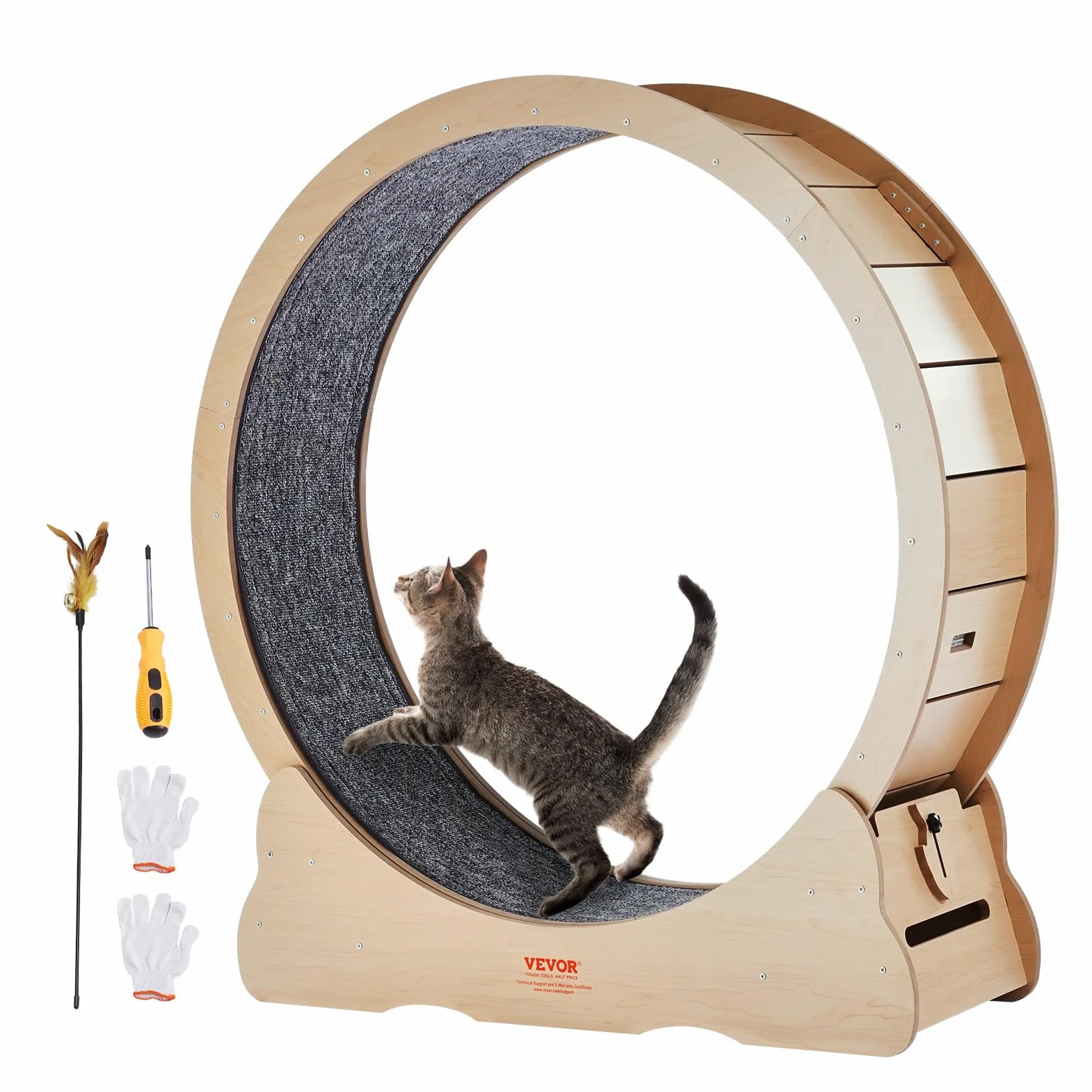 VEVOR Ruota per Esercizi per Gatti in Legno, Ruota per Tapis Roulant per Gatti 110 cm, Ruota Tavola di legno per Corsa con Tappeto Staccabile e Teaser per Gatti per Corsa Allenamento Interno Gialla
