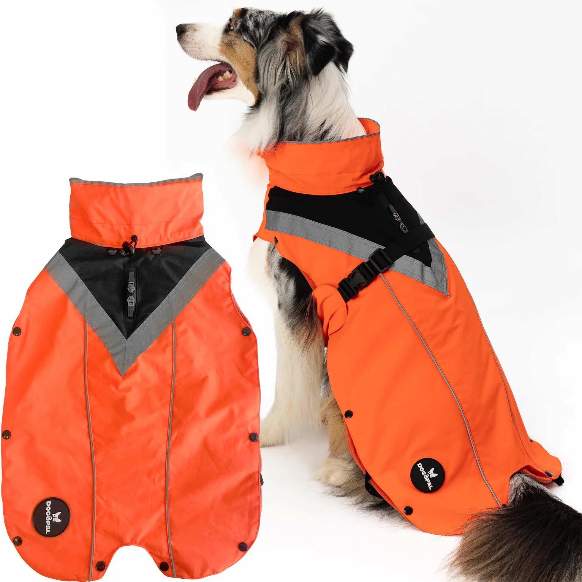 DOGOPAL Cappotto Impermeabile per Cani 2in1 All Weather – Mantello Antipioggia 100% Waterproof e Antivento con Fodera in Pile Rimovibile, Catarifrangente ad Alta Visibilità (Arancione, L)