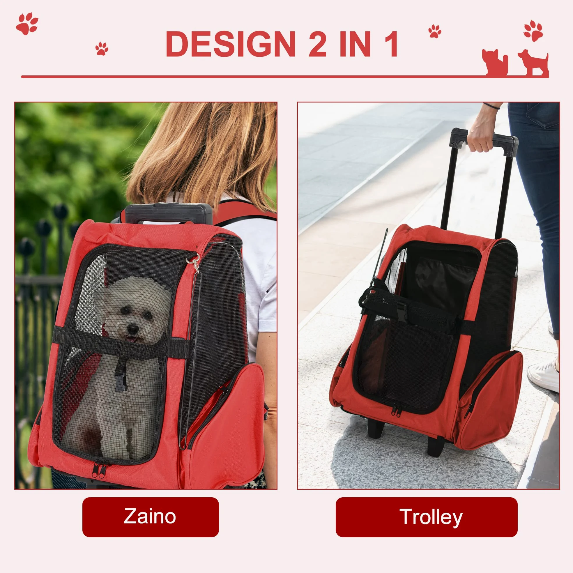 PawHut Trasportino Zaino 2 in 1 per Cani e Gatti con Tasche Laterali, Maniglia Telescopica e Ruote, 42x25x55cm, Rosso