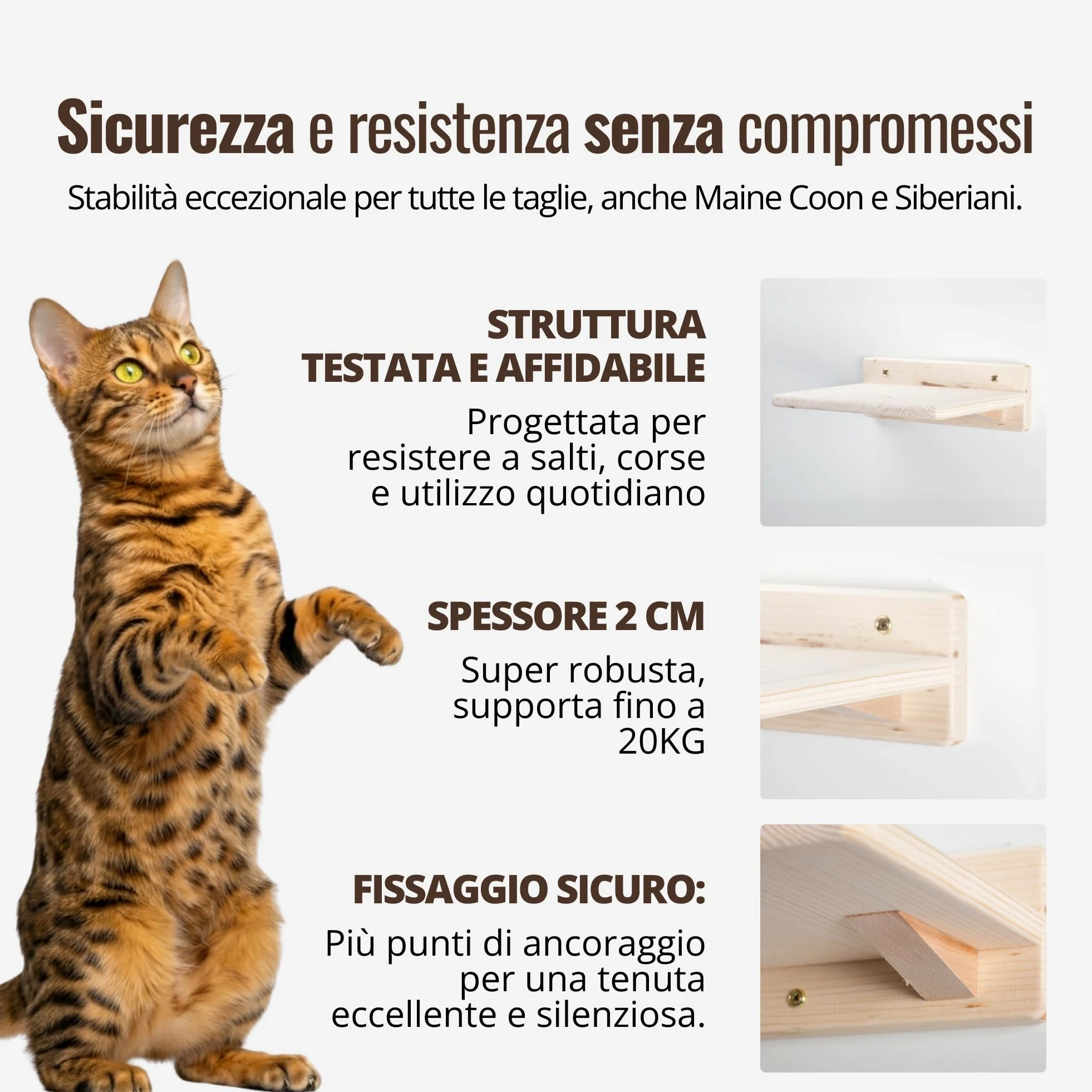 Mensole per Gatti da Parete in Legno d'Abete PEFC Artigianali, Mensola Gatto 40 cm, per Arrampicata e Percorso da Muro per Gatti con Resistenza Fino a 20 kg – Percorsipergatti