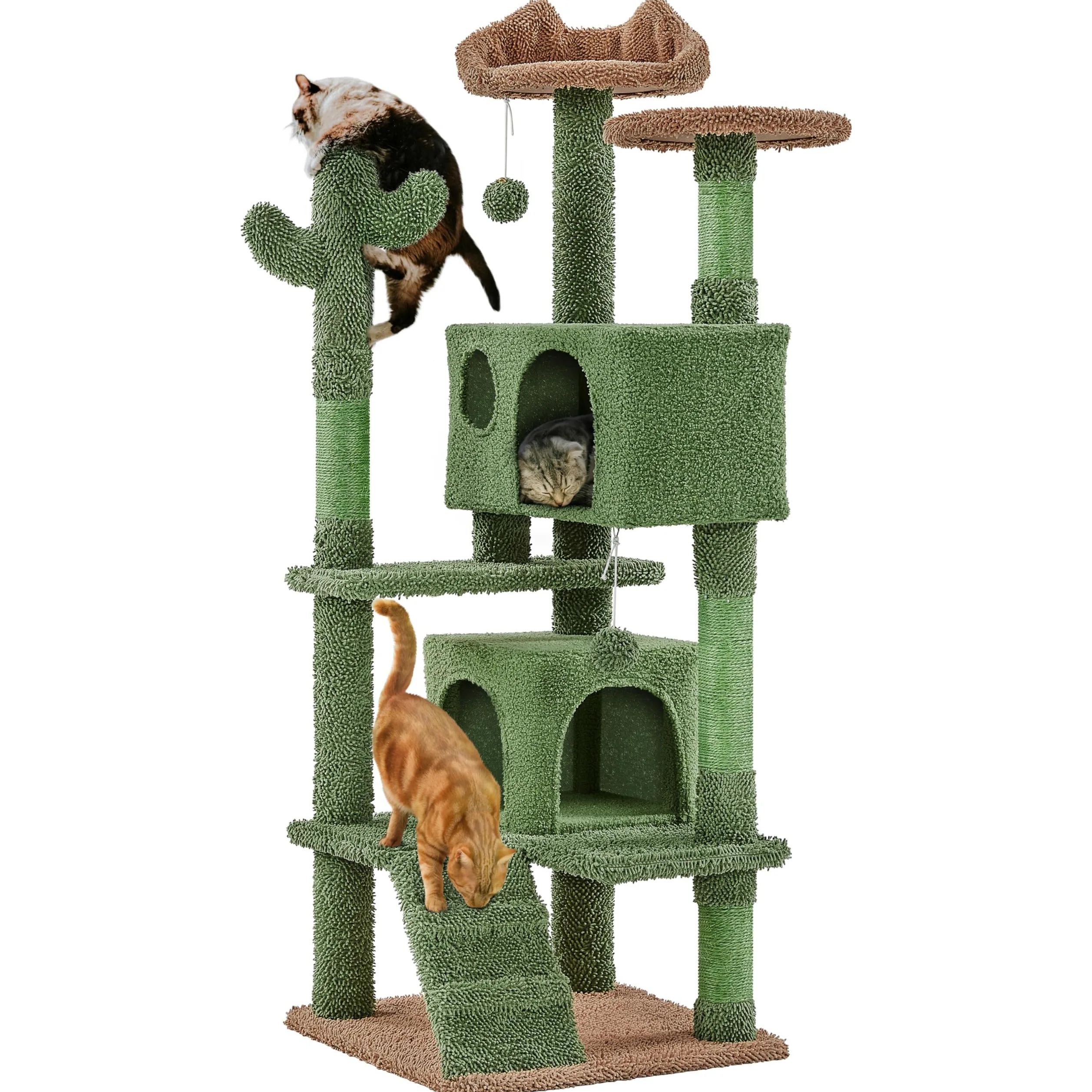 Yaheetech Albero Tiragraffi per Gatti a Forma di Cactus Condominio Palla Gioco in Truciolato e Corda di Sisal 48,5 cm × 48,5 cm × 138 cm