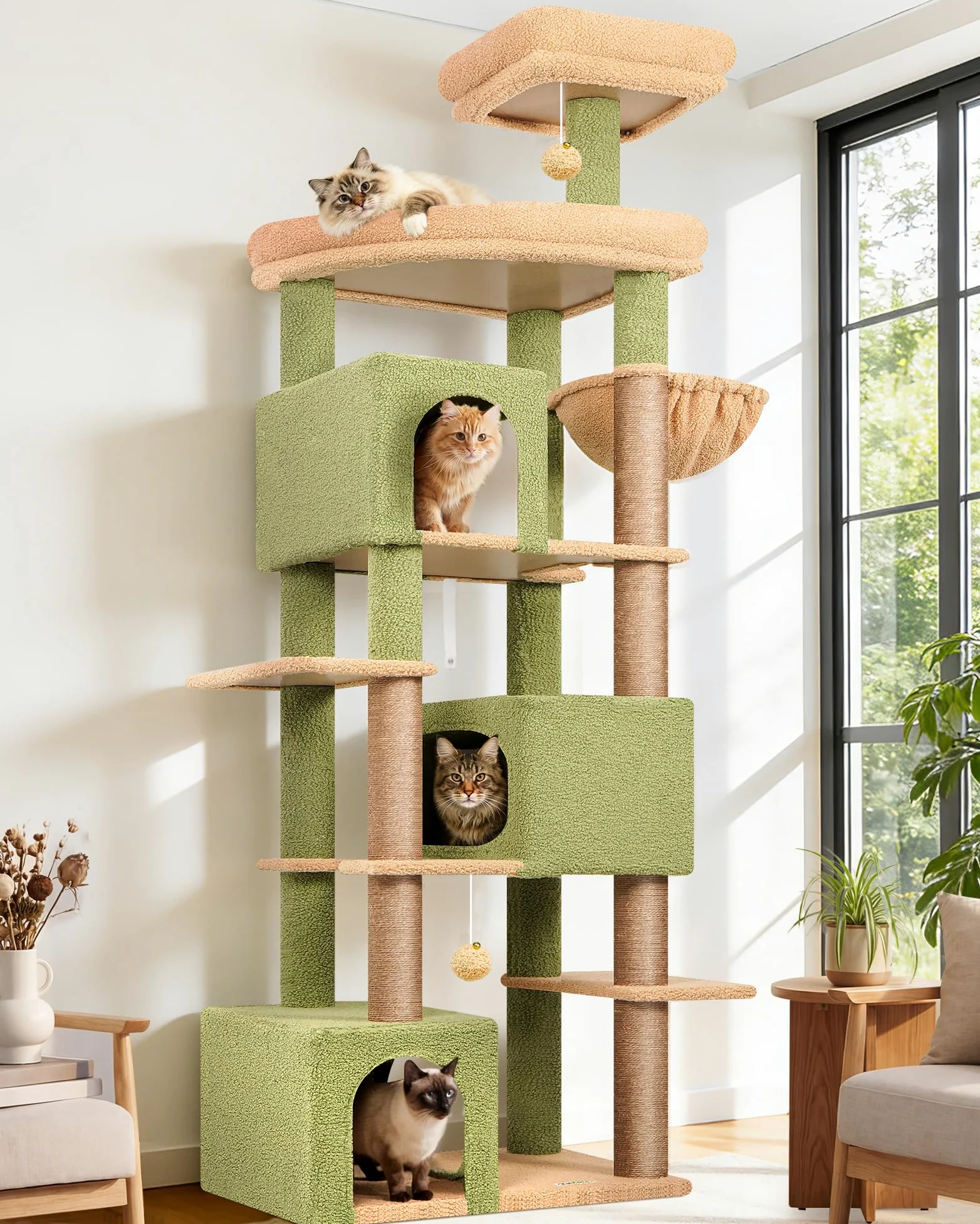 Globlazer Tiragraffi per Gatti Cactus Verde XXL Alto 203 cm con 3 Grandi Grotte 45*30*30CM, ExtraLarge Piattaforma, Cesto, Trespoli, Giocattoli, Albero Stabile per 4-6 Grandi Gatti Adulti (S80, Verde)