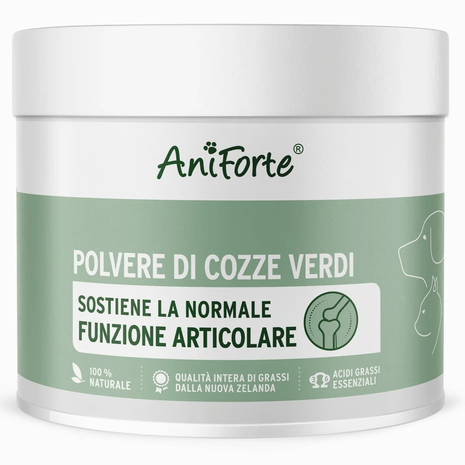 AniForte Polvere di cozze dalle Labbra Verdi per Cani e Gatti 250g – Integratori naturali in qualità di Grasso Completo, glicosaminoglicani, supporta le funzioni articolari