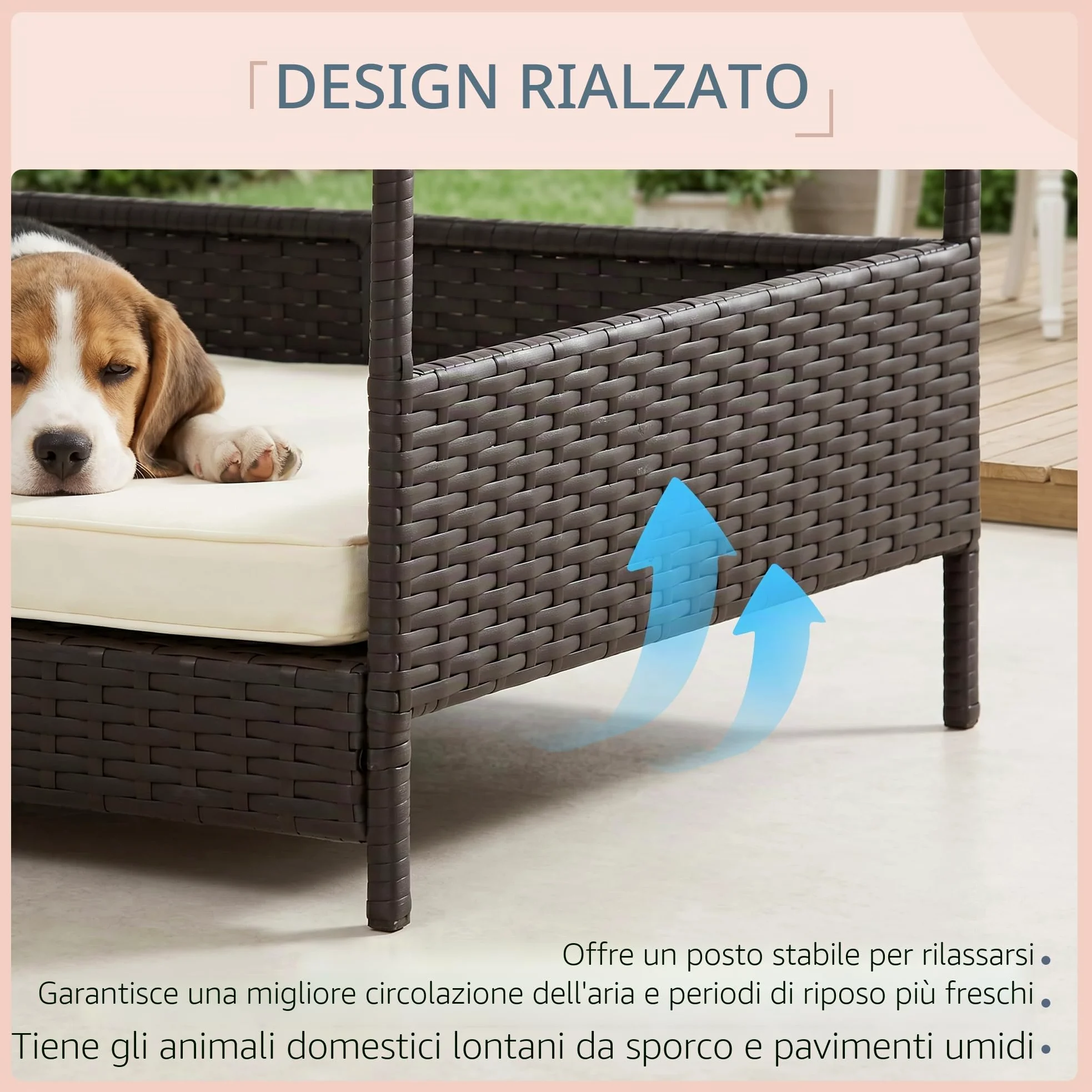 Pawhut Cuccia per cani con cuscino, letto per cani a forma di casa, casa per esterni, telaio in acciaio, PP Rattan, nero, 95 x 69 x 70 cm