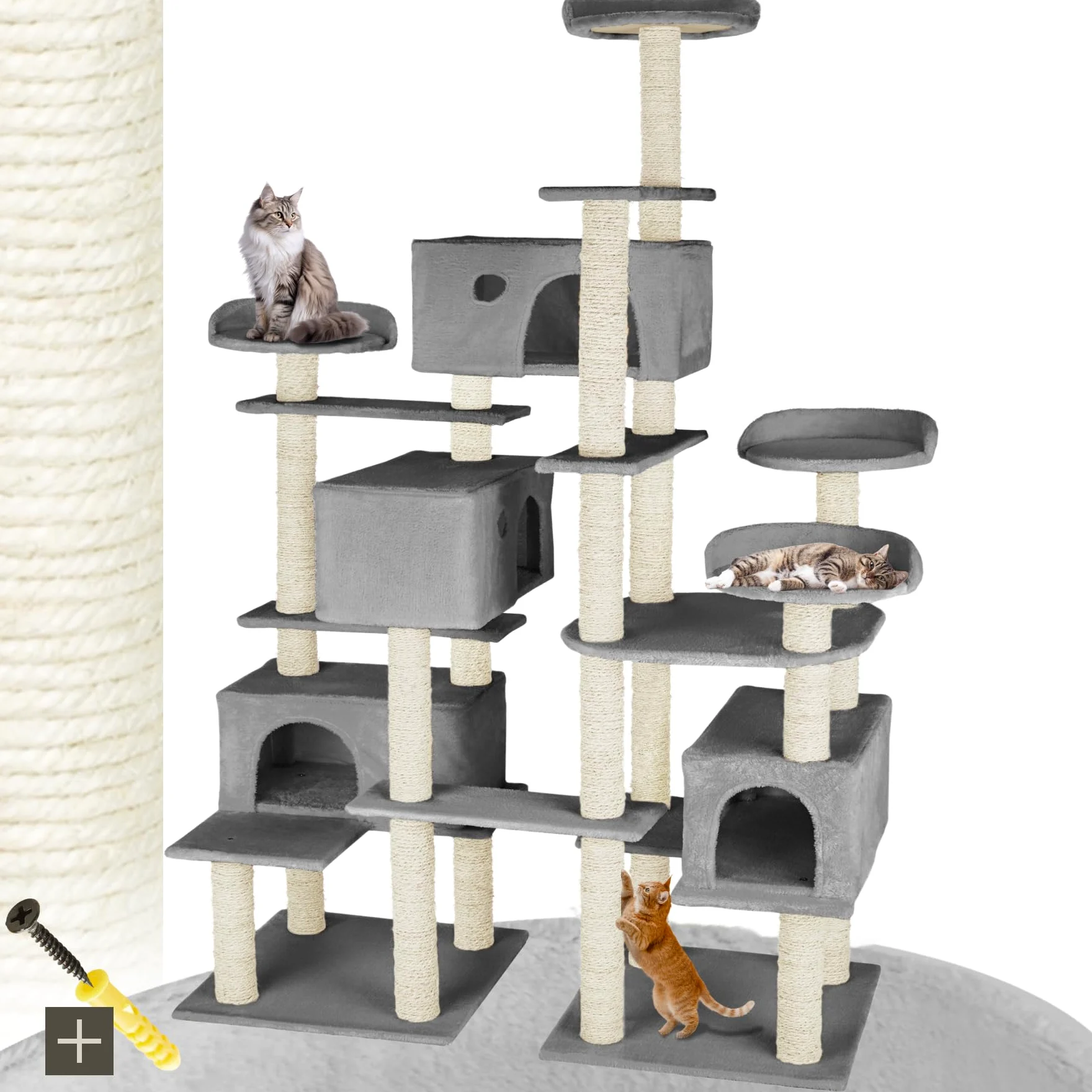 tectake® Albero Tiragraffi per Gatti, Tiragraffi per Gatti con 4 Piattaforme, 4 Casette Accoglienti, Tiragraffi Gatto con Diversi Piani di Gioco, 2 Piastre di Base, Colonne in Sisal - Grigio