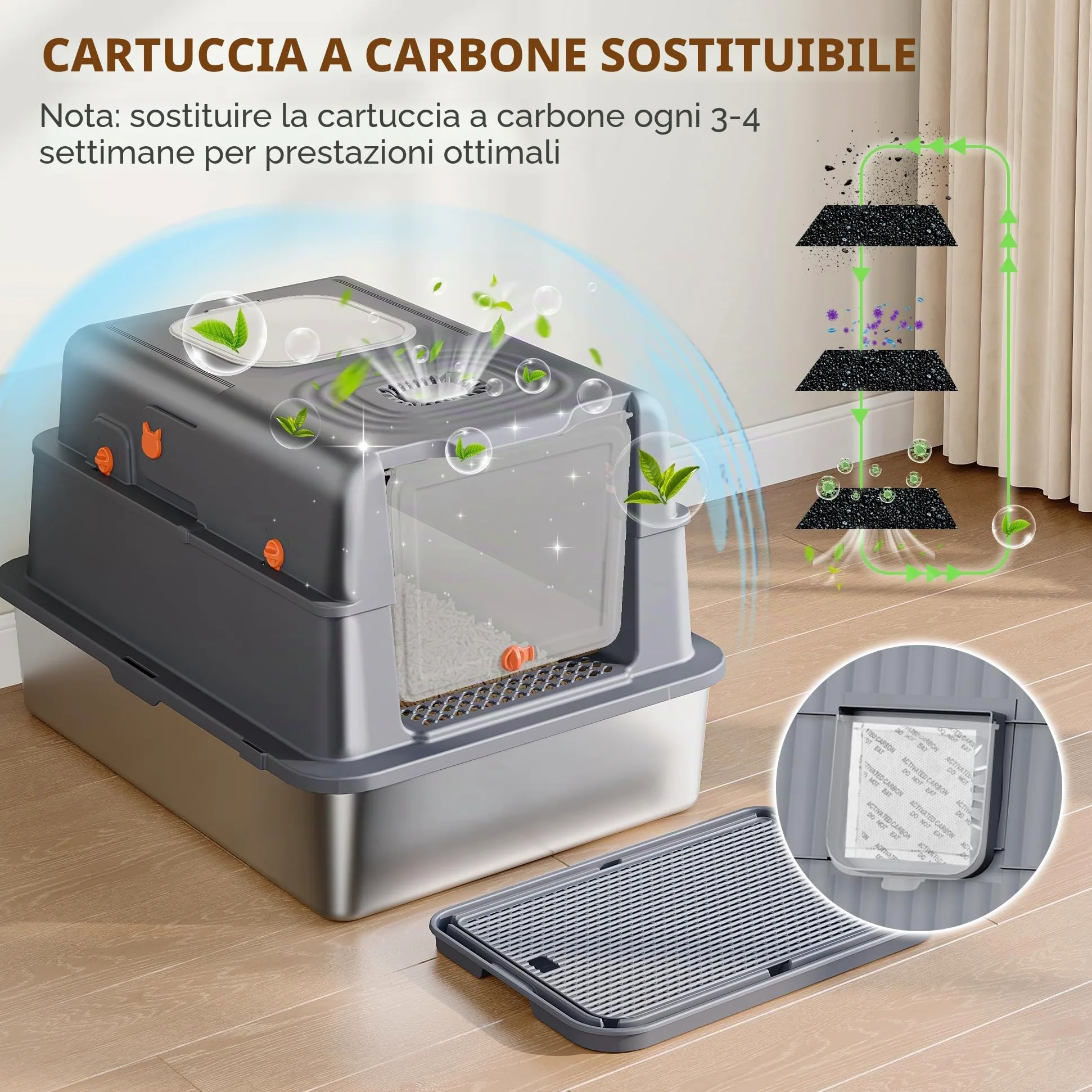 Lettiera Acciaio Inossidabile con Coperchio, XXXL Lettiera Gatto Chiusa, 70 x 50 x 42 cm, 105° coperchio incernierato, Include Pedale e Paletta, Design Modulare, Due Porte, Grigio Scuro