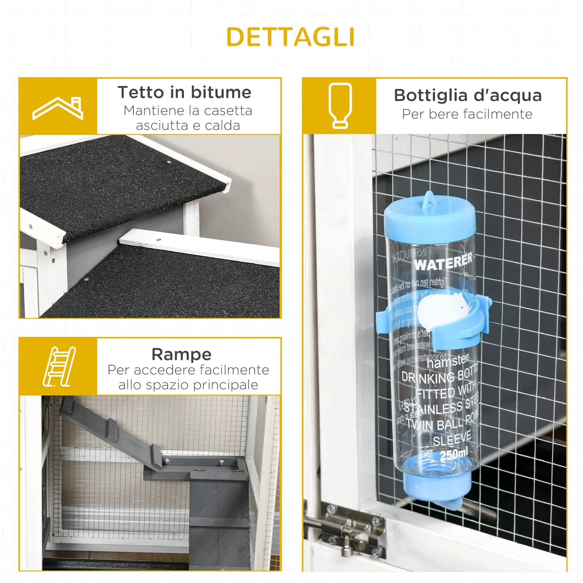 PawHut Conigliera da Esterno per 2 Conigli in Legno d'Abete e Tetto in Bitume con Vassoio Estraibile e Area di Corsa Condivisa, 110x60x104 cm, Grigia e Bianca