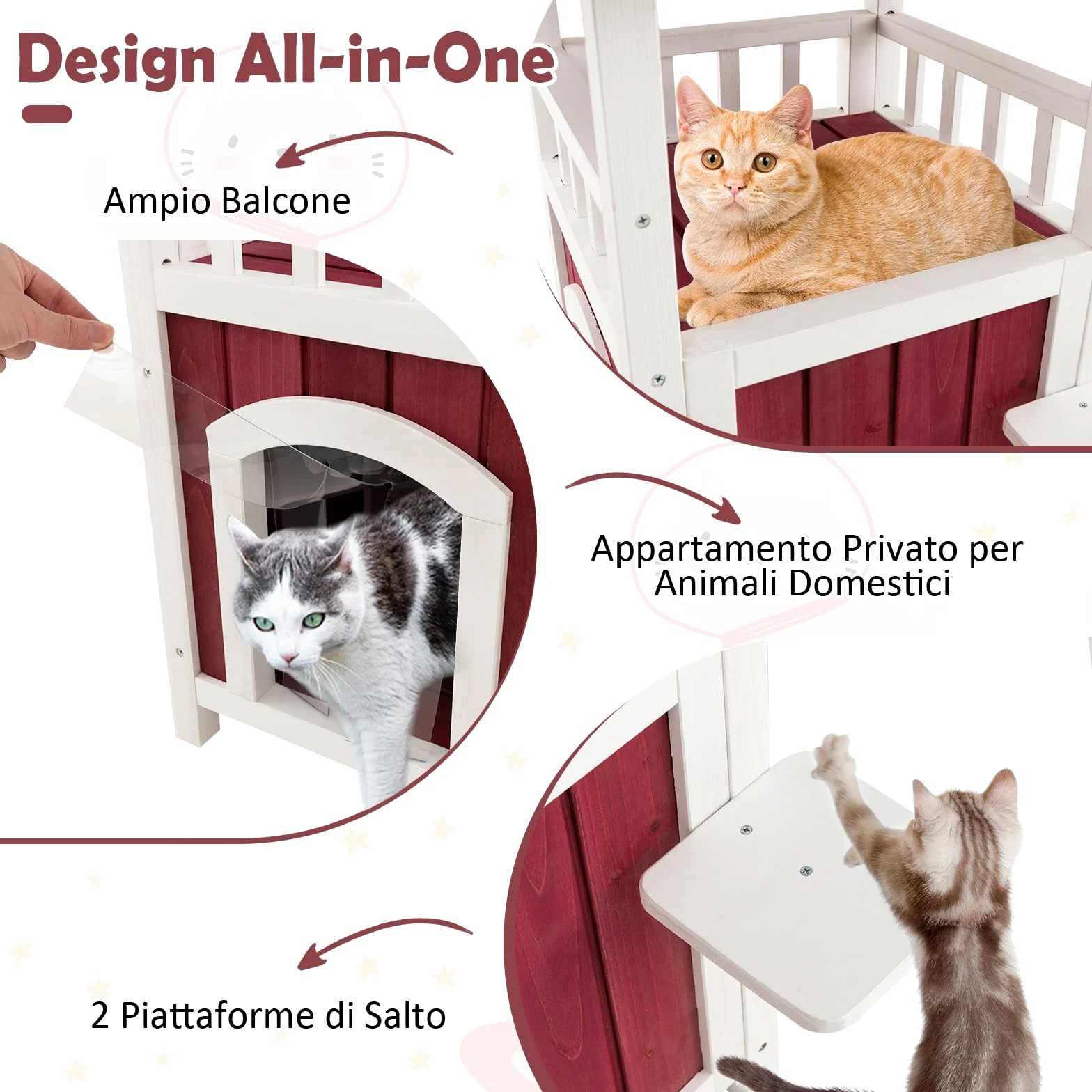 COSTWAY Cuccia per Gatti da Interno ed Esterno, Gasetta per Gatti in Legno a 2 Livelli con Tetto in Asfalto e 2 Piattaforme per Saltare, Casa per Gattini Impermeabile, 58 x 50 x 87 cm