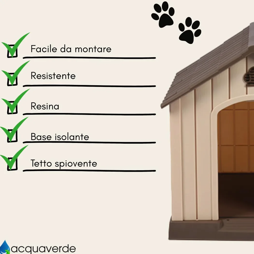 acquaverde | Cuccia per Cani da Esterno, Taglia Grande/Large Casetta per Cani in Resina, Impermeabile, Resistente, Base Isolante e Tetto Spiovente, Facile da Montare - Beige/Marrone | cm. 93x99x98