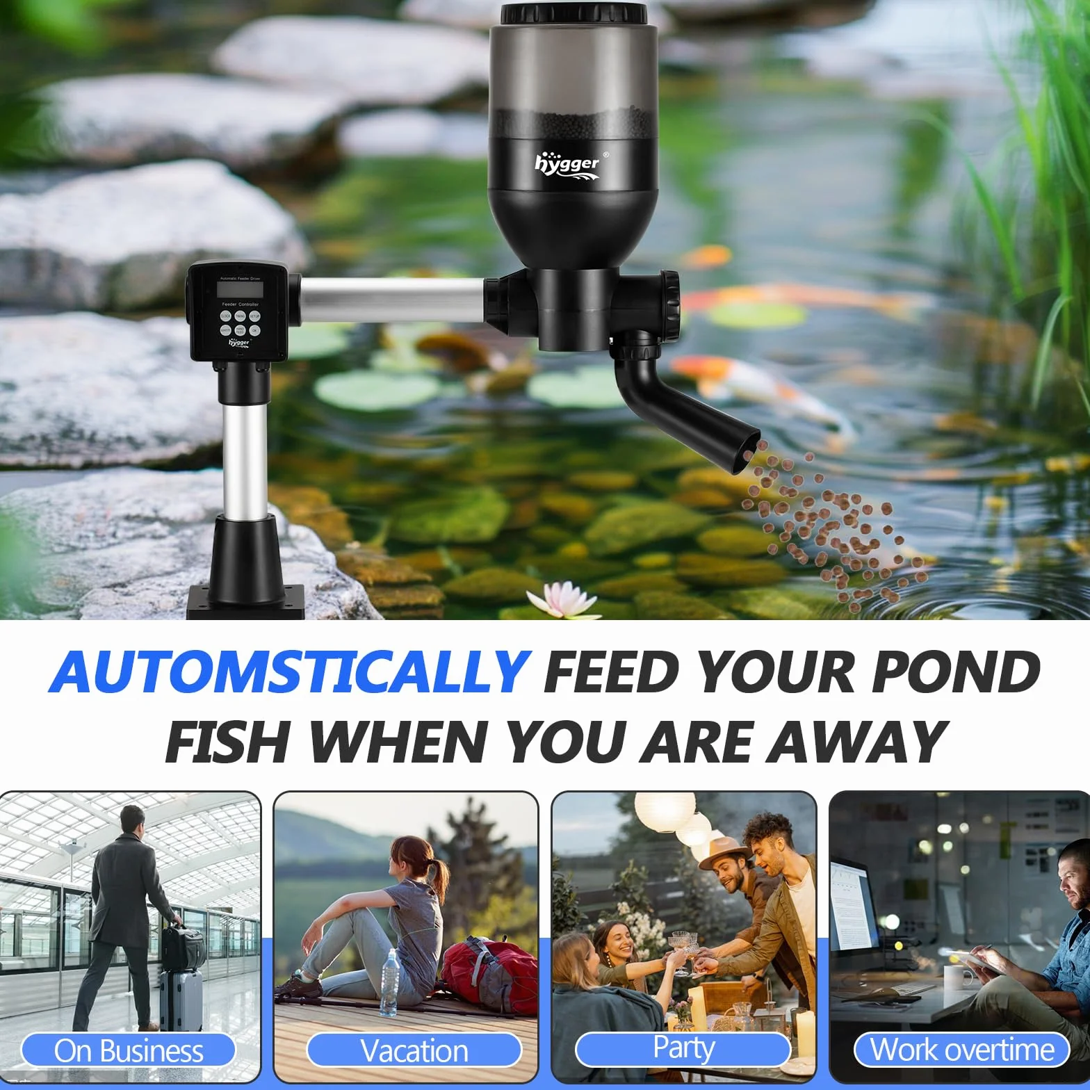 hygger Mangiatoia Automatica,Large Programmabile Alimentatore Automatico per Pesci con LCD Display Controller,Distributore Automatico 5.5 litris Pond Fish Feeder Koi for Weekend Holiday