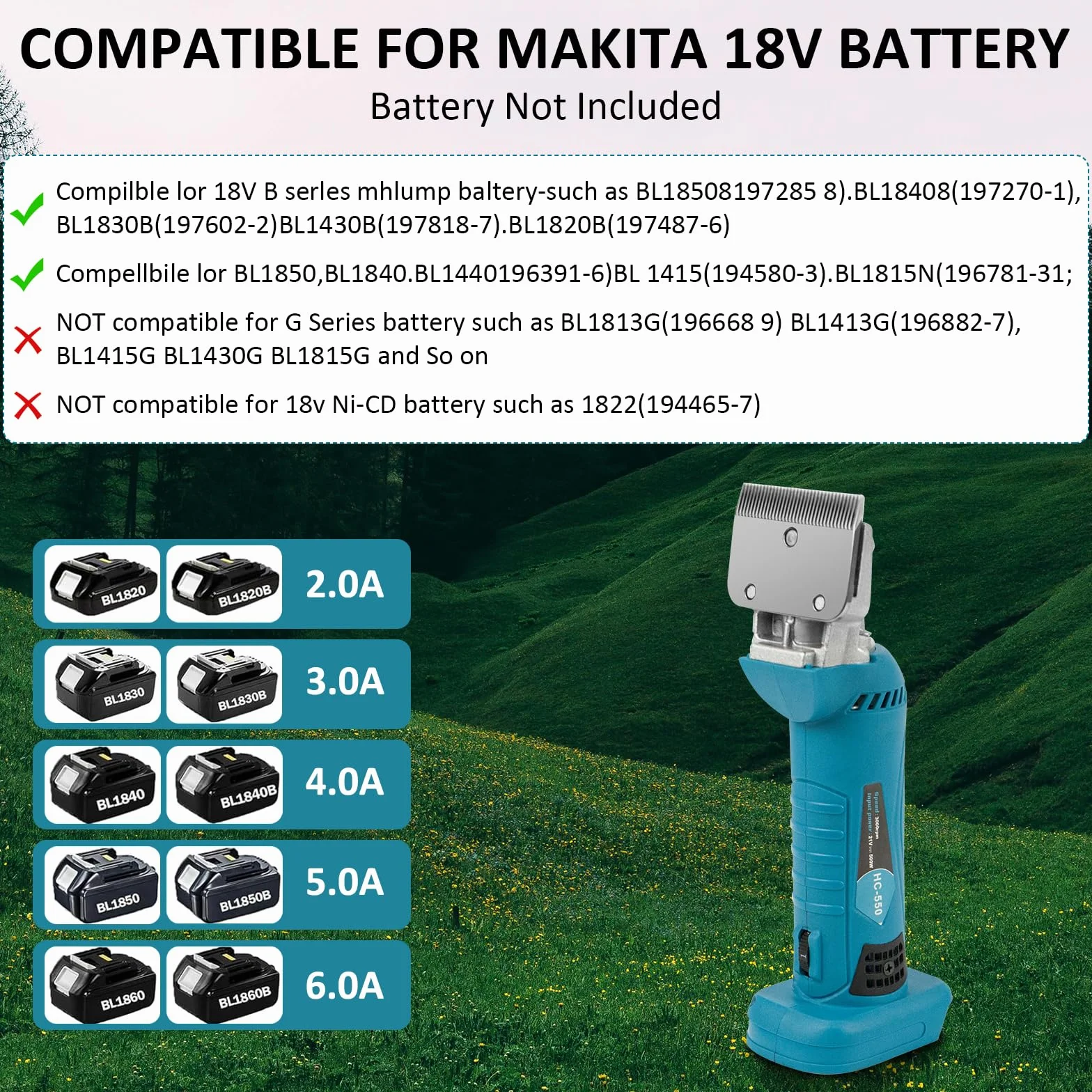 Tosatrice per cavalli bovini Compatibile con Makita 18V Batteria, Profi Rasoio cavalli per peli spessi e opachi, 6 velocità, 35 denti, tosatrice per cavalli a batteria con motore (senza batteria)