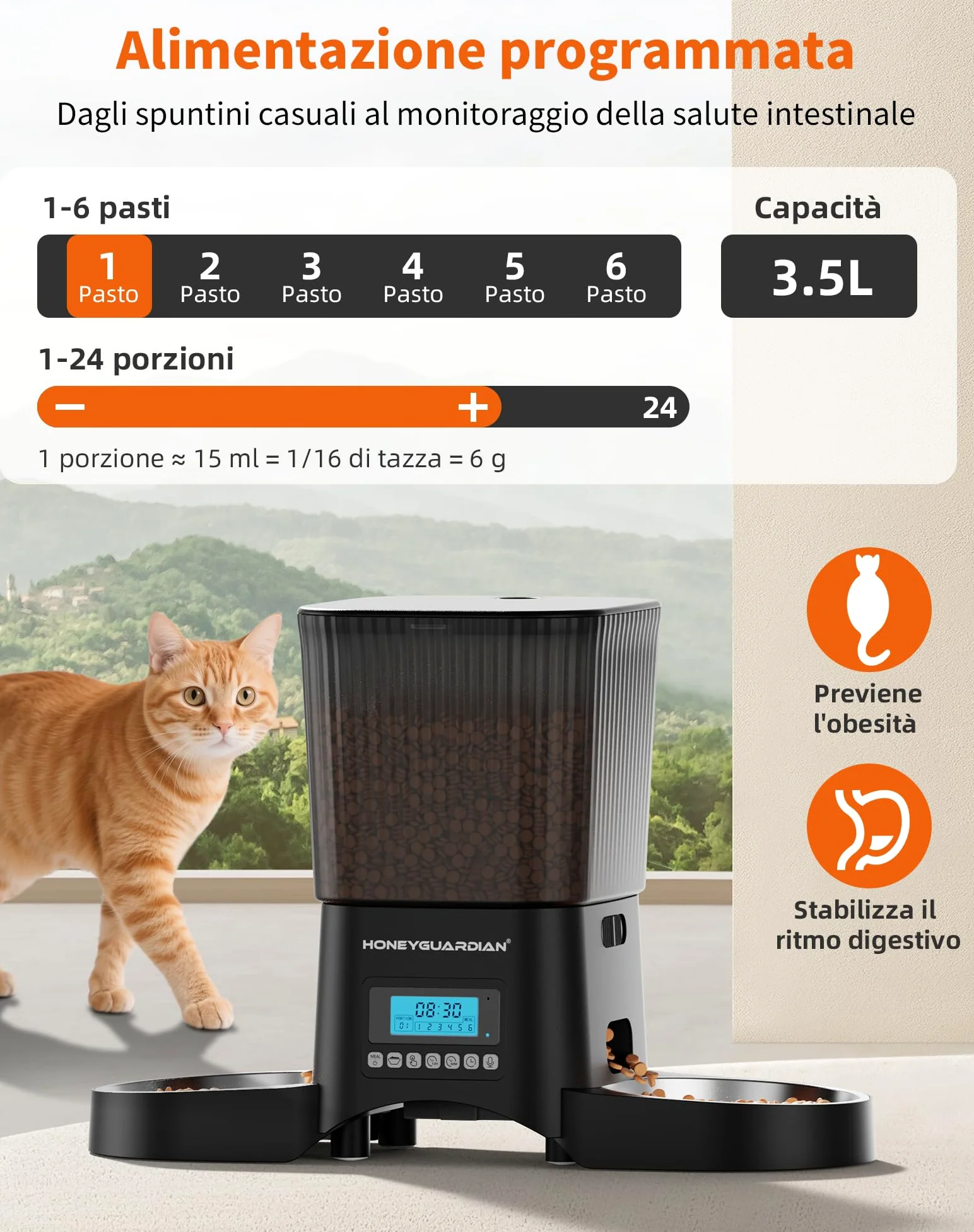 HoneyGuaridan Distributore Automatico Cibo Gatti con Programmable Timer | 3.5L dispenser crocchette gatto, 2 ciotole in acciaio inox 304 e 2 ciotole slow feed, 1-6 pasti/giorno, 1-24 porzioni/pasto