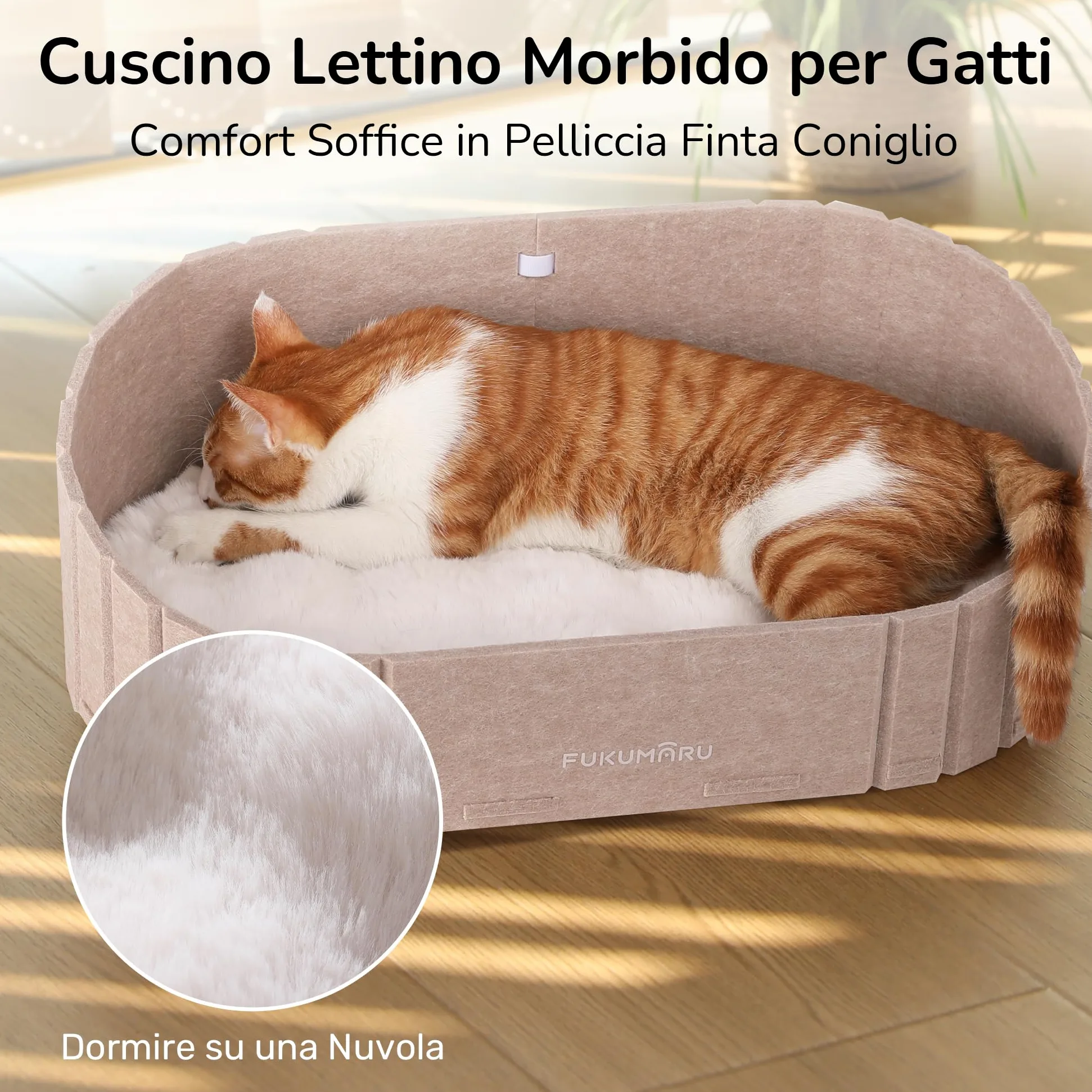 FUKUMARU Cuccia per Gatti Interno- Letto Extra Large 60 cm con Cuscino in Peluche Finto Coniglio, Divano/Casa Ovale in Feltro per Gatti Domestici. Sabbia