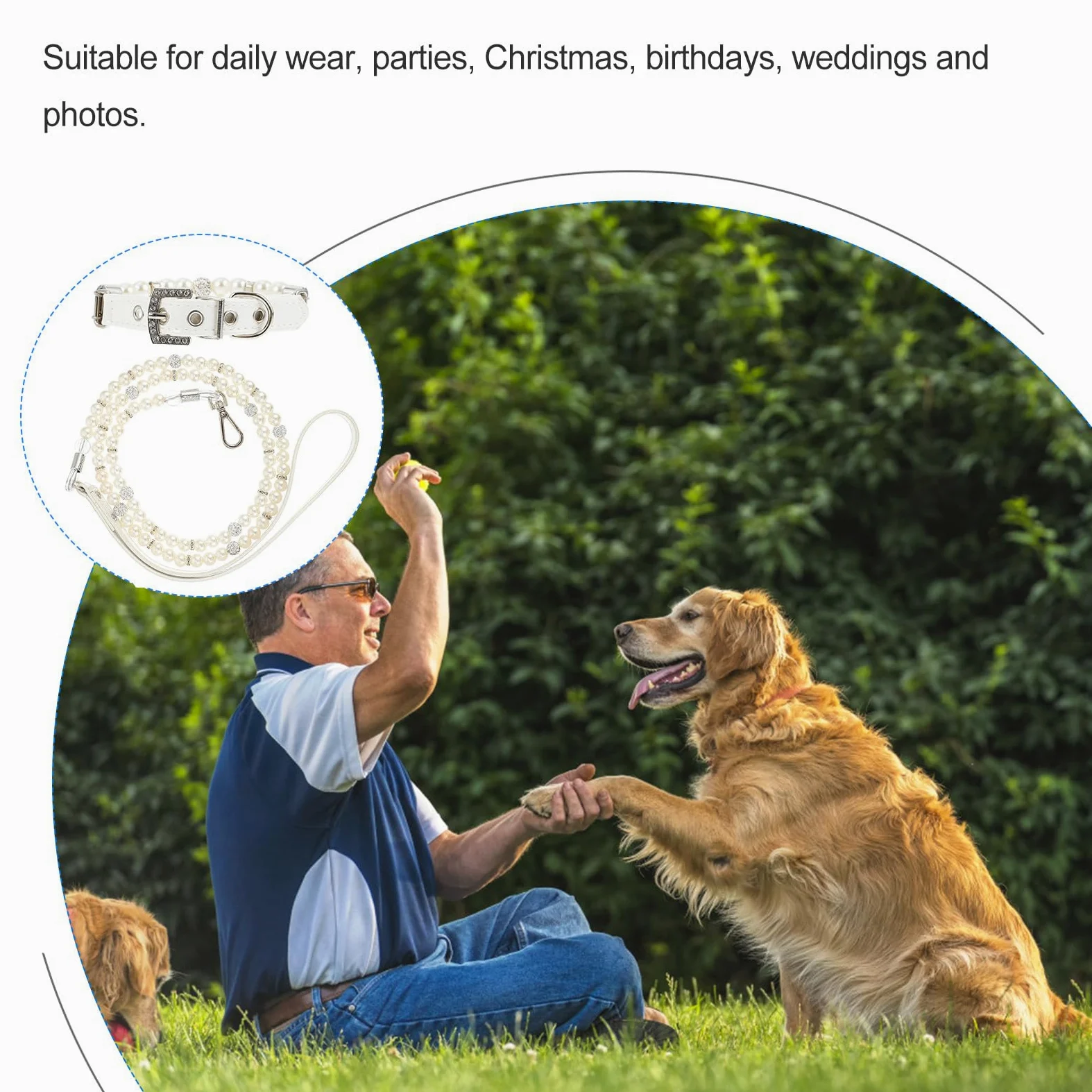 Set Collare e Guinzaglio per Cane, Regolabile, 2pezzi | Pu Leather e Faux Pearls, Bianco, per Cucciolo, Adatto a Compleanni e Matrimoni