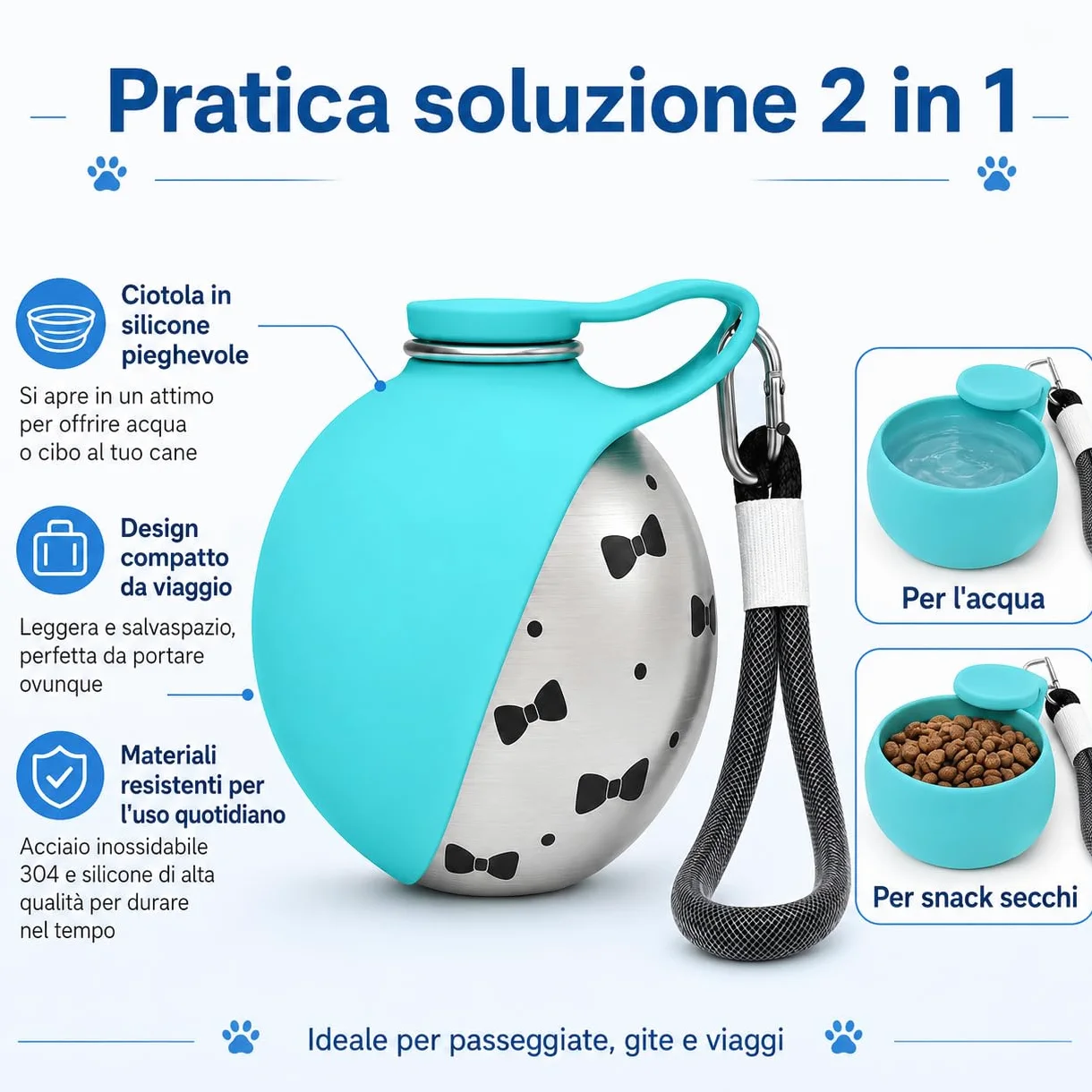 Borraccia per Cani Portatile e Compatta - Bottiglia in Acciaio per Cani in Acciaio Inox da 285ml con Ciotola Pieghevole in Silicone Anti-Goccia (Rosa A+Blu A 285ml)