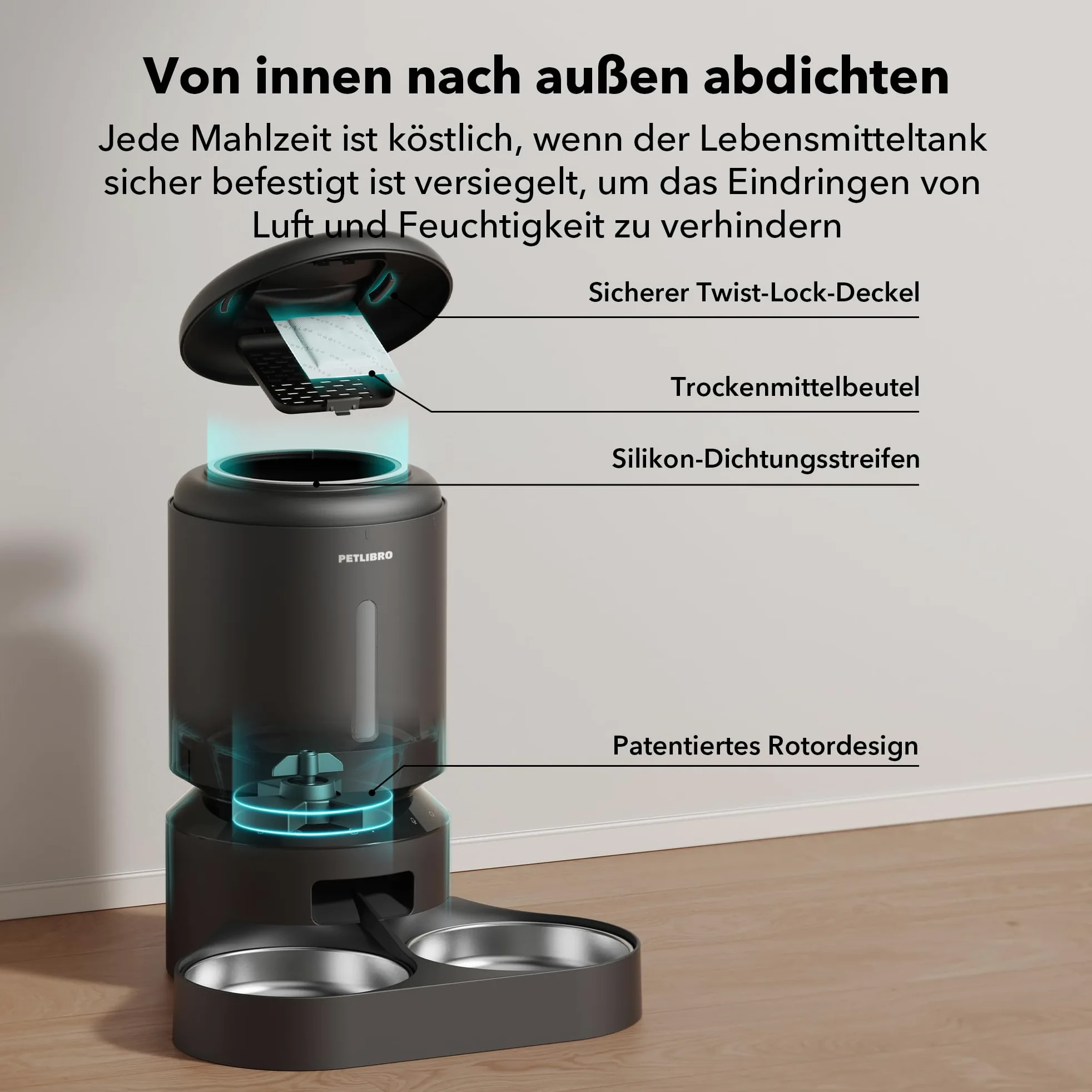 PETLIBRO 5G Wi-Fi Distributore Automatico Cibo Gatti, 5L Distributore Automatico Cibo Cani con 2 Ciotole in Acciaio Inox, 10 Pasti e Controllo del Timer, USB e Batterie, Voce bidirezionale, Nero