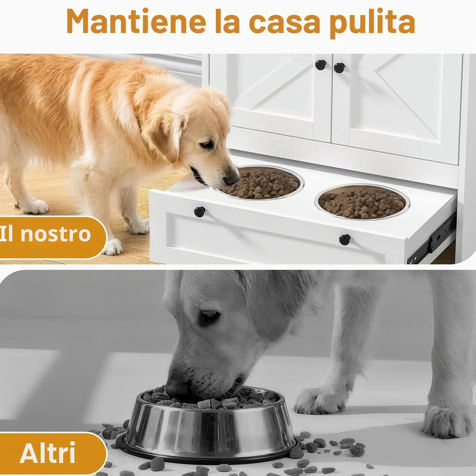 Mangiatoia per cani con 2 ciotole in acciaio inox, 60 x 35 x 82 cm, armadietto per animali domestici con ripostiglio, armadietto per animali domestici 2 in 1 e stazione di alimentazione, ciotola per