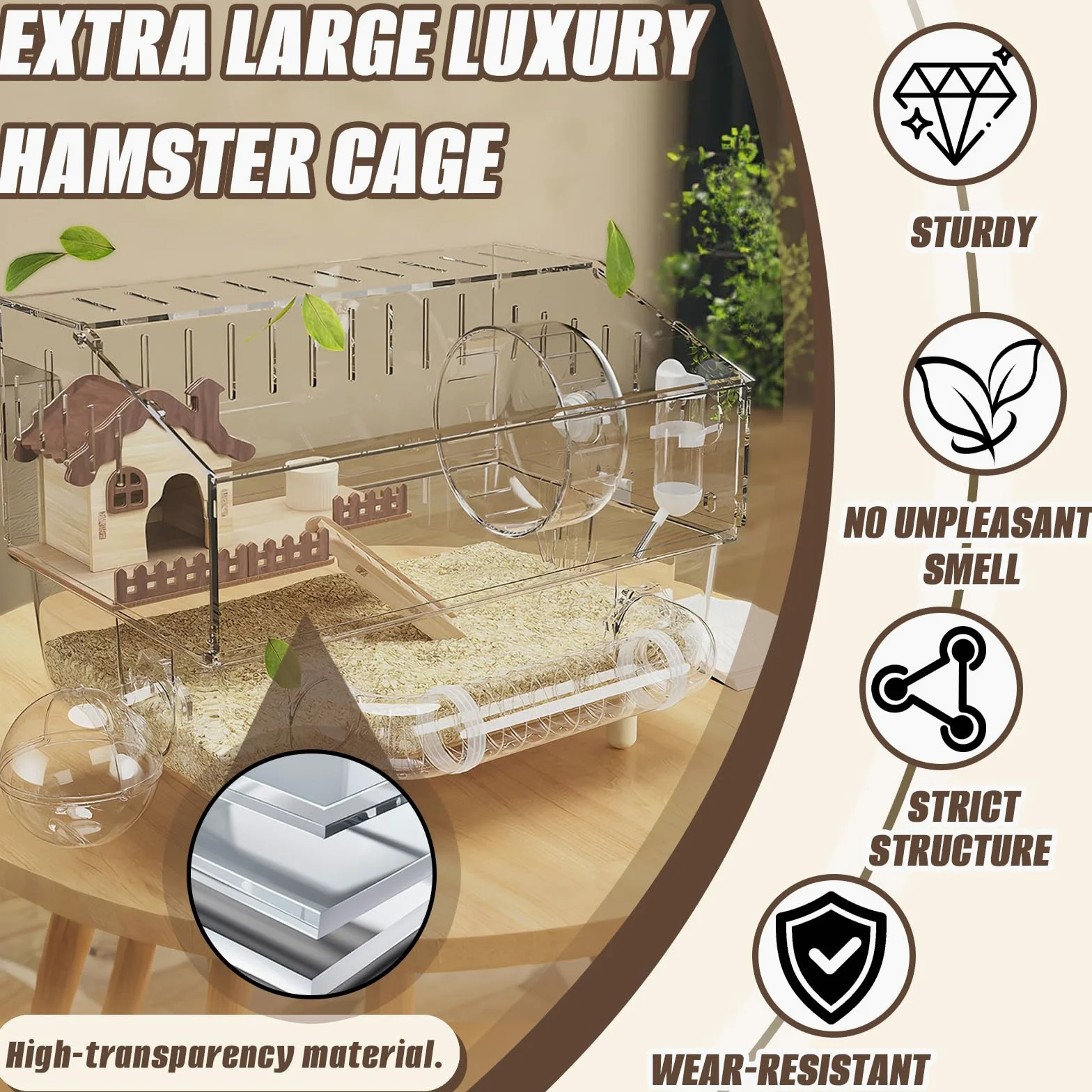 Gabbia per Criceti, 43 x 30 x 34 cm Villa in Acrilico per Criceti a Due Piani con Area di Riposo Ruota per Esercizi Tunnel Bagno Esterno Bollitore e Ciotola per il Cibo per Piccoli Animali