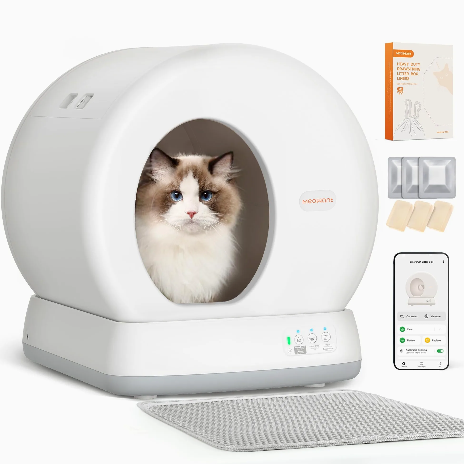 MeoWant Lettiera Gatto Autopulente, 57,6L Lettiera Automatica per Gatti con Sacchi Spazzatura e Tappetini Gatti per Multi Gatto, Isolamento Odori, Pulizia Facile, Comando APP