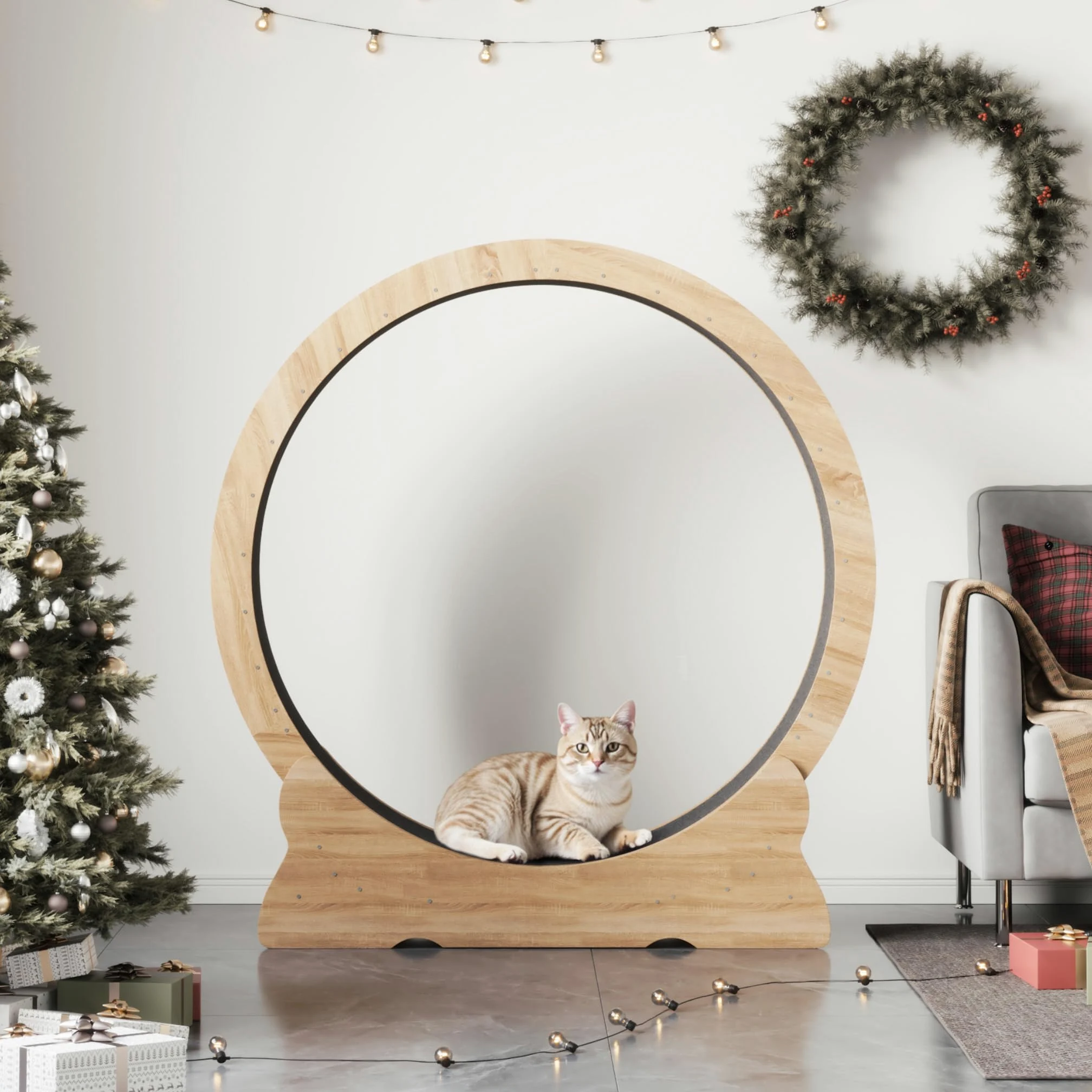 Mondeer Ruota per gatti, 110 cm, XL, tapis roulant con tappeto rimovibile e teaser per gatti, per corsa, camminata e allenamento (legno naturale)