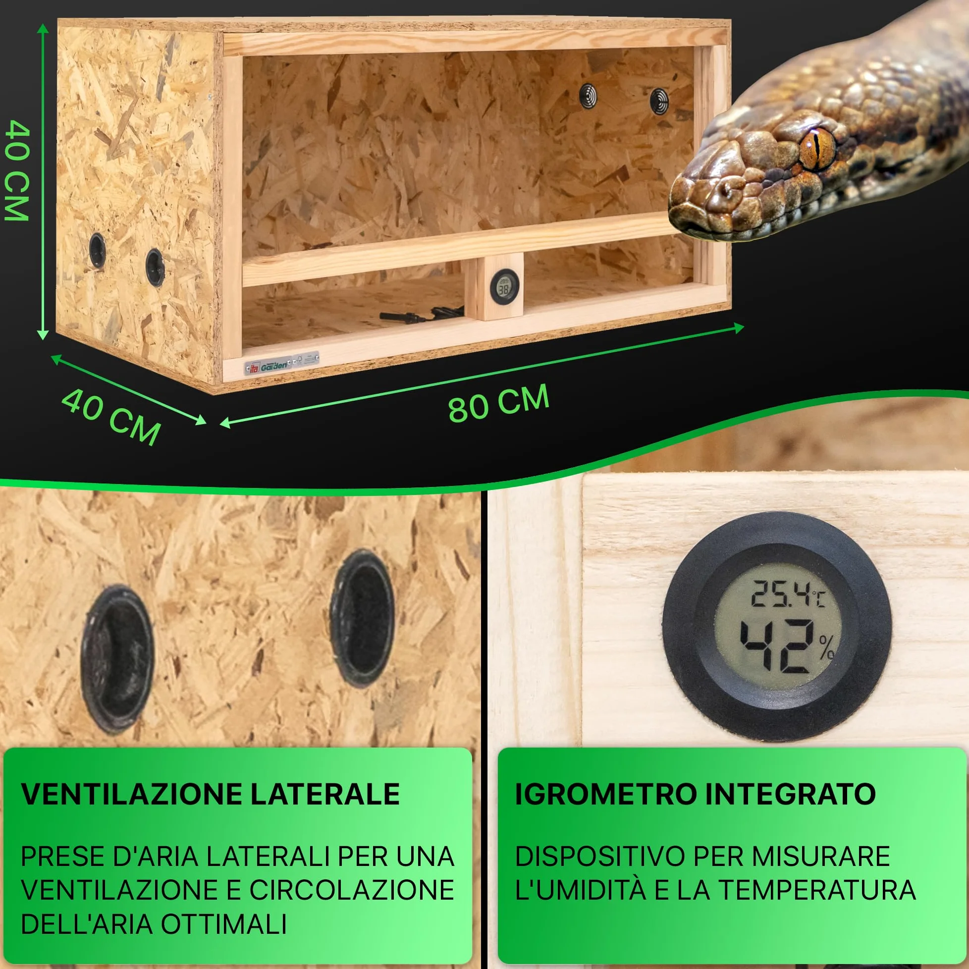 ITA Terrario in legno 80x40x40 cm con ventilazione laterale e igrometro integrato - Terrario in legno OSB-3 - Per rettili, serpenti, anfibi - Prodotto UE, certificato FSC