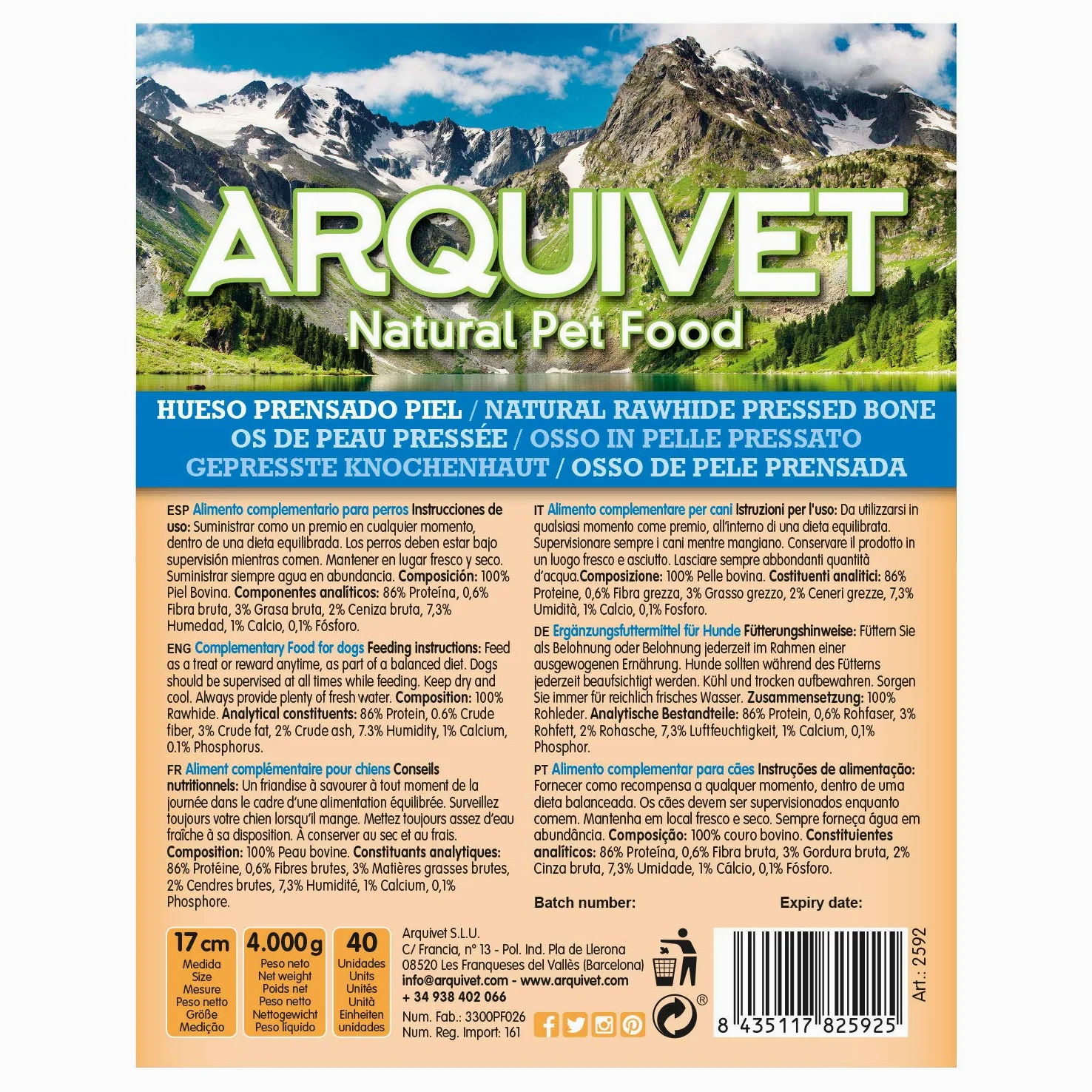 ARQUIVET Osso pressato in pelle bovina 100% naturale - 17 cm - Scatola piena 40 unità in termoretraibile - Snack naturali per cani