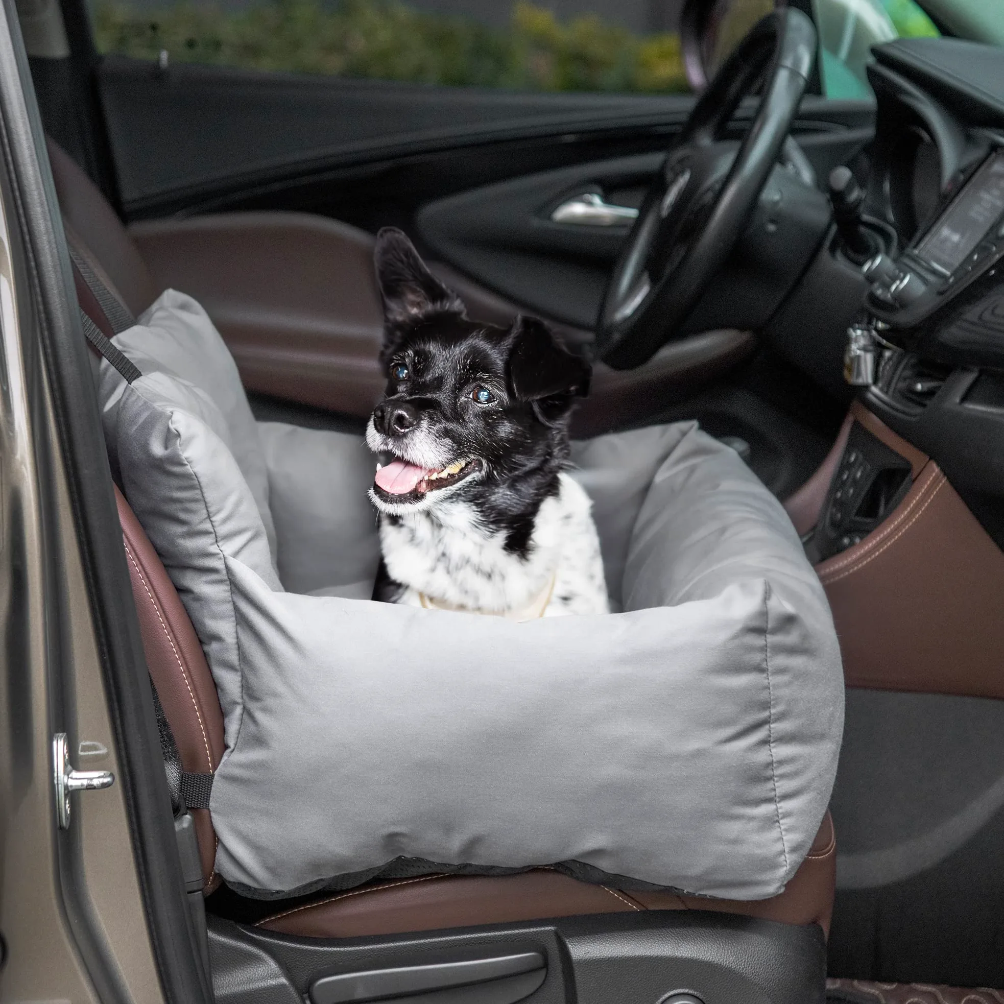 PawHut Seggiolino Auto per Cani di Piccola Taglia, Cuccia per Auto in Cotone Sfoderabile e Lavabile con Cinture di Sicurezza, Grigio Scuro