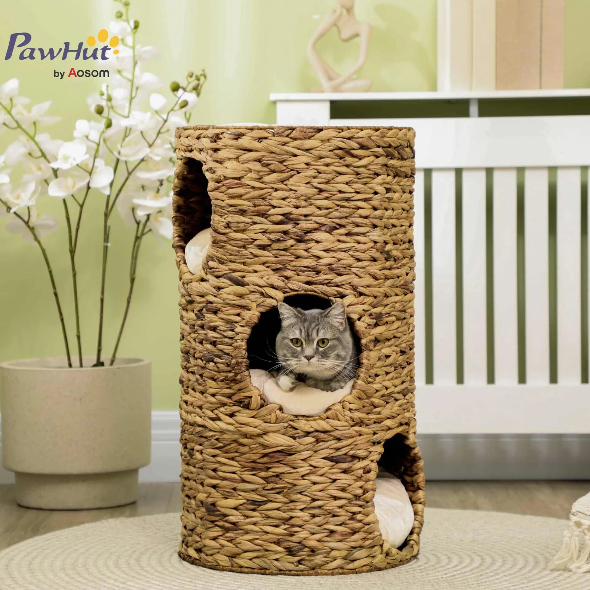 PawHut Tazzone tiragraffi alto 73 cm con 3 grotte, albero tiragraffi con cuscino, torre per gatti in giacinto d'acqua, per gatti fino a 3,5 kg, marrone chiaro