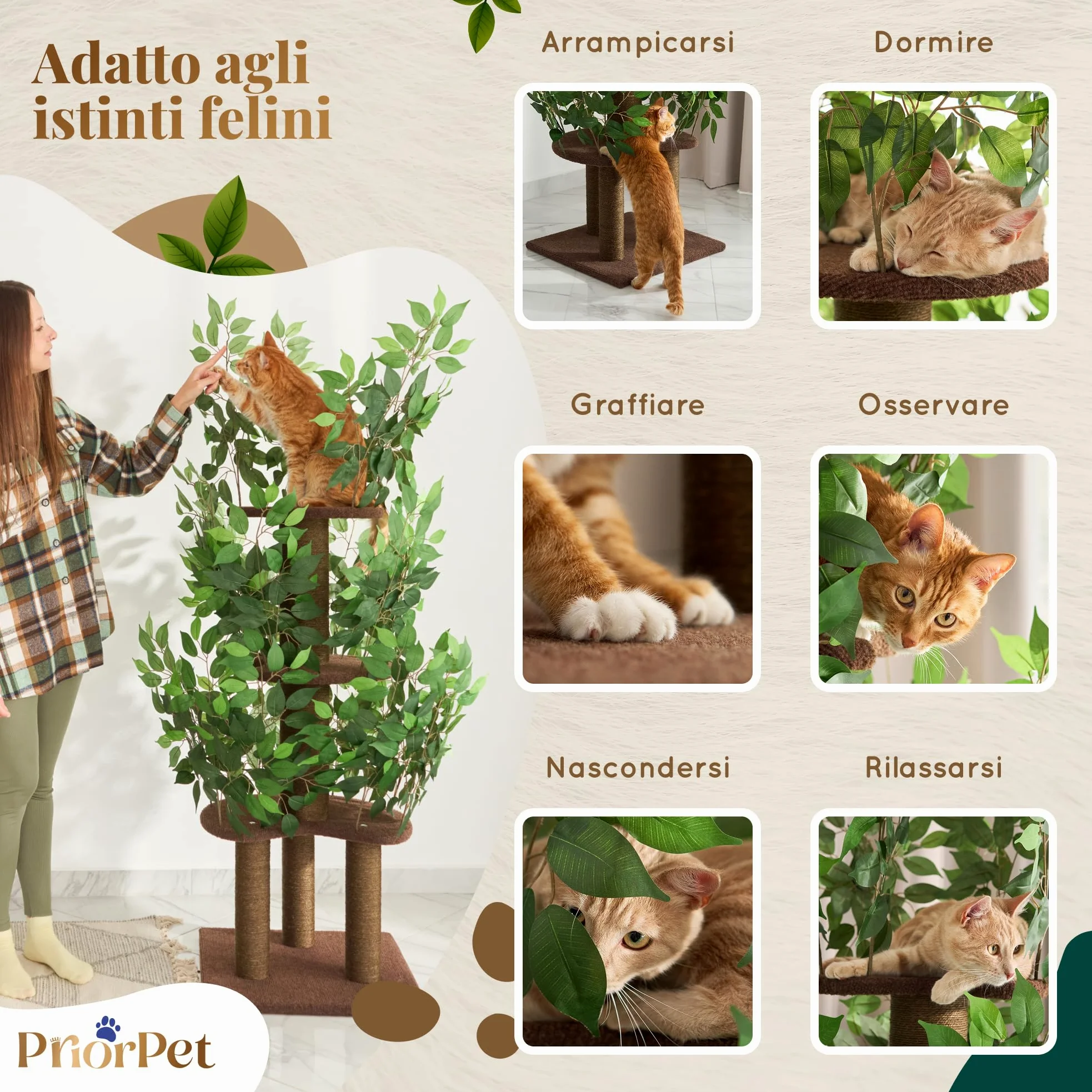 Albero per gatti con Foglie – Compatto e Robusto Tiragraffi per gatti adulti – Albero con 4 Livelli Graffiabili – Per Arrampicarsi Nascondersi e Dormire – Facile da Montare – Ideale per Spazi Ridotti