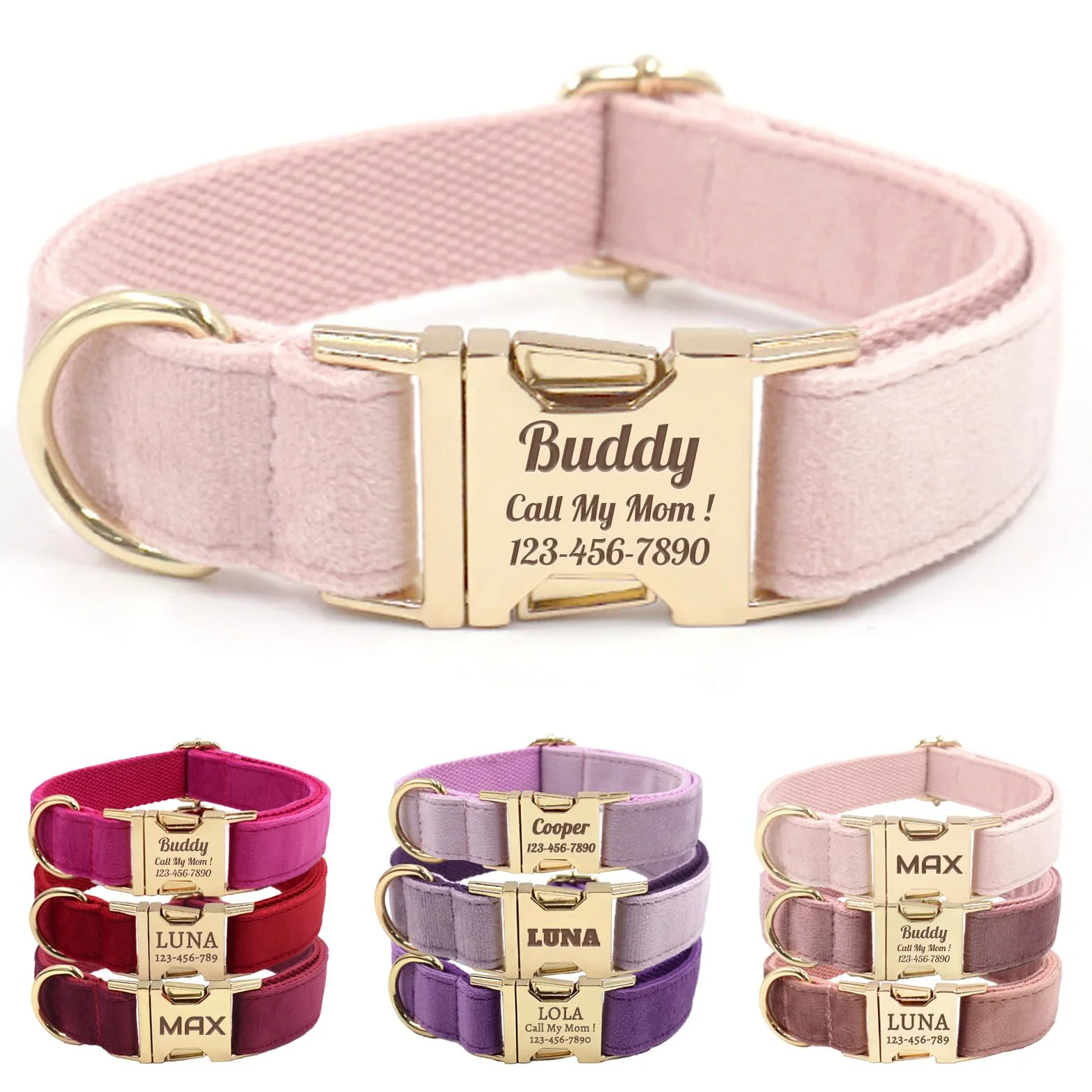 Collare per cani in velluto, personalizzato con nome, collare per cani personalizzabile con fibbia in metallo a sgancio rapido, guinzaglio e papillon disponibili (acqua di rosa, S)