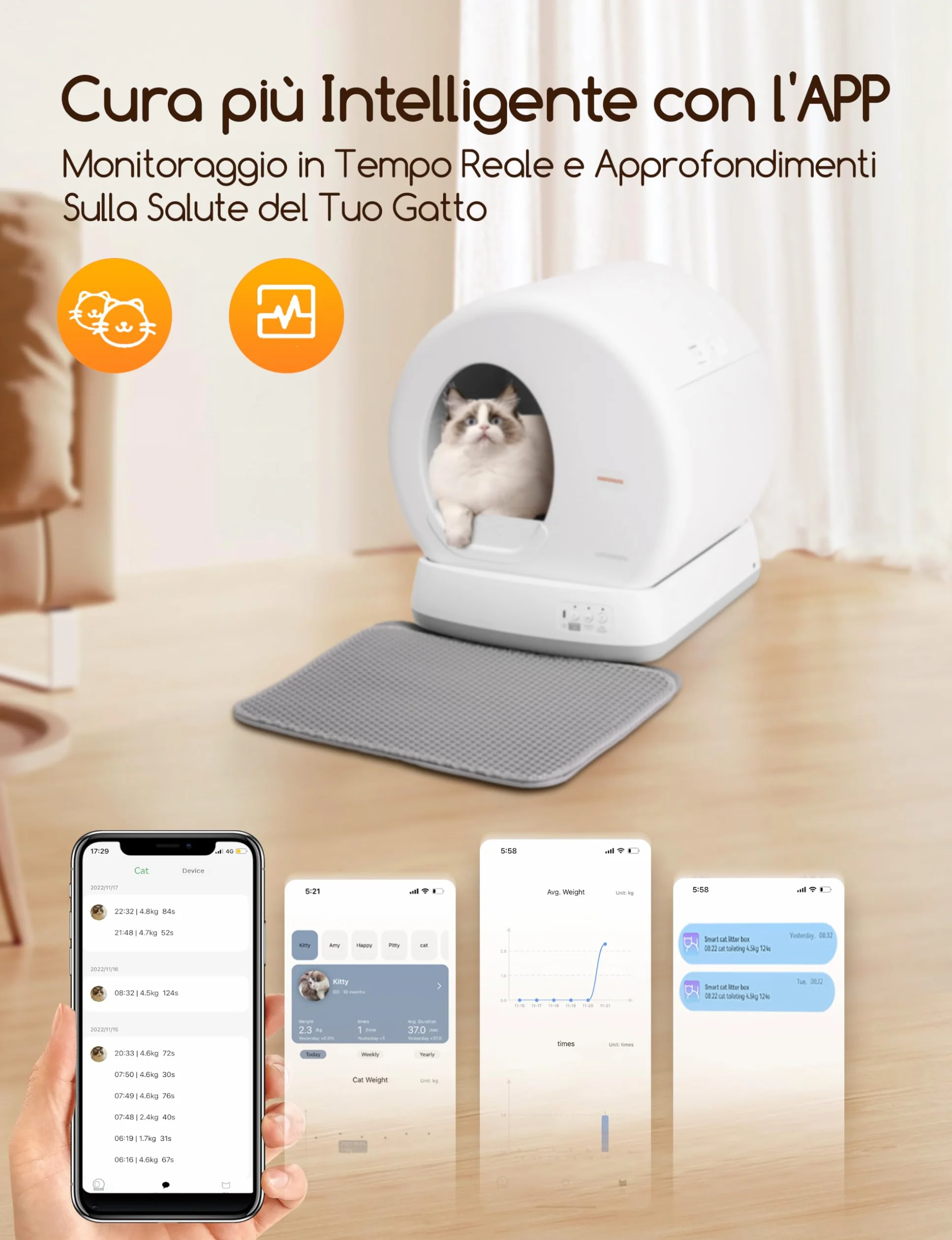 MeoWant Lettiera Gatto Autopulente, 57,6L Lettiera Automatica per Gatti con Sacchi Spazzatura e Tappetini Gatti per Multi Gatto, Isolamento Odori, Pulizia Facile, Comando APP