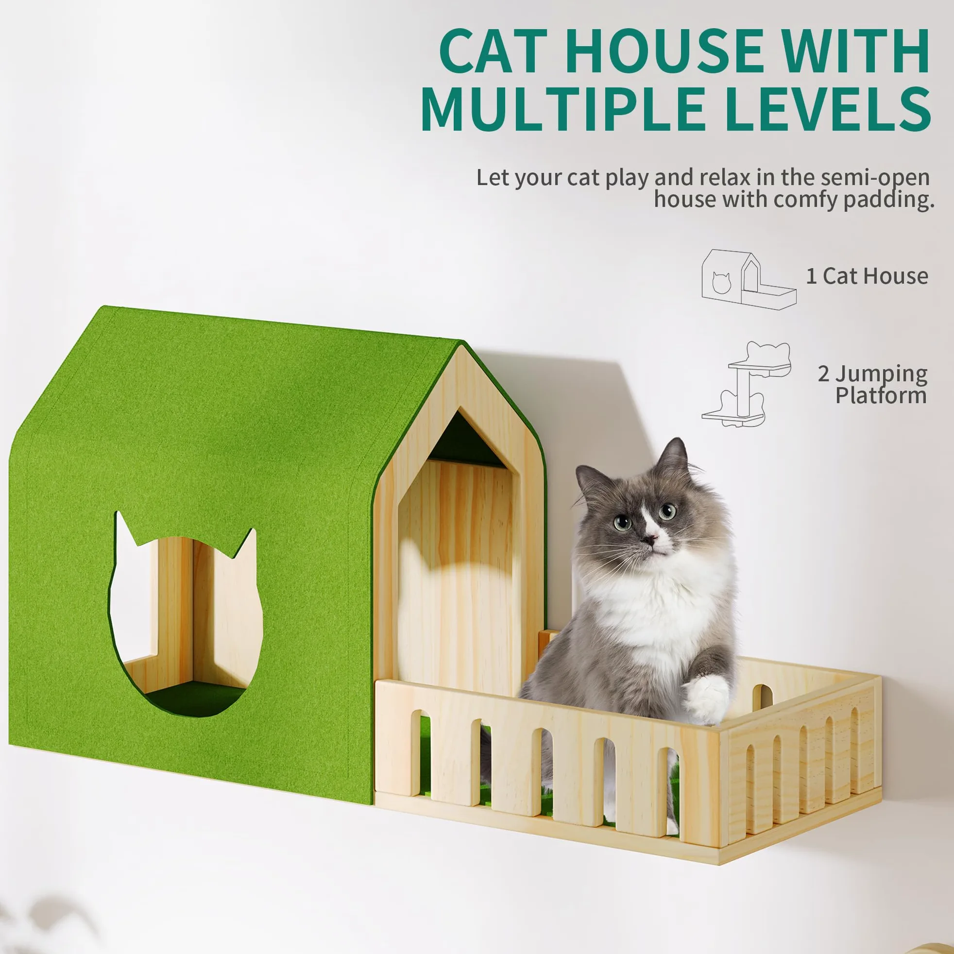 YITAHOME Set da parete per gatti in legno stabile, 5 pezzi, elementi da parete per gatti, con casetta per gatti, per dormire, giocare e riposare