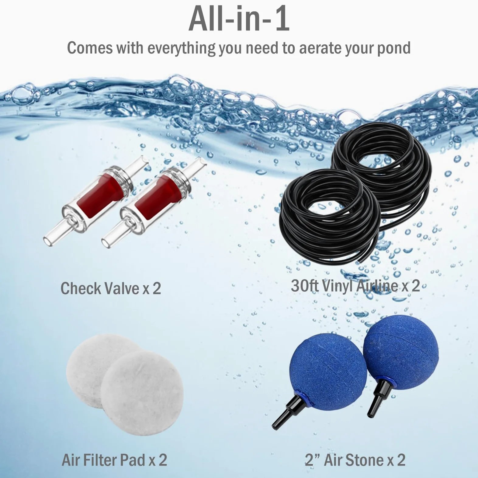 Aeratore per laghetti all-in-one per laghetti esterni fino a 3000 litri, portata regolabile, kit di ventilazione per laghetti con tubi per aviazione, valvole di ritegno