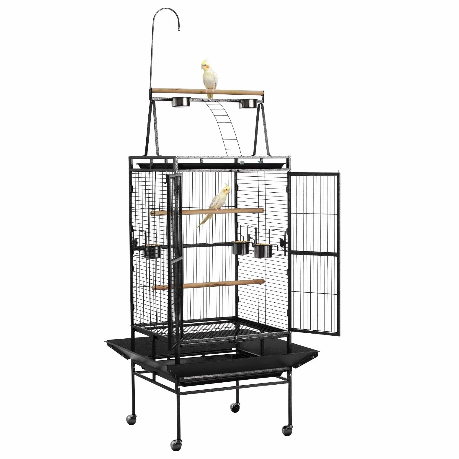 VEVOR Gabbia Voliera per Uccelli da 830 x 790 x 2100 mm, Parte Superiore Piatta Aperta, in Ferro Battuto con Trespoli, Vassoio Estraibile e Mangiatoie in Plastica, Ruote, per Pappagallo, Cinciarella