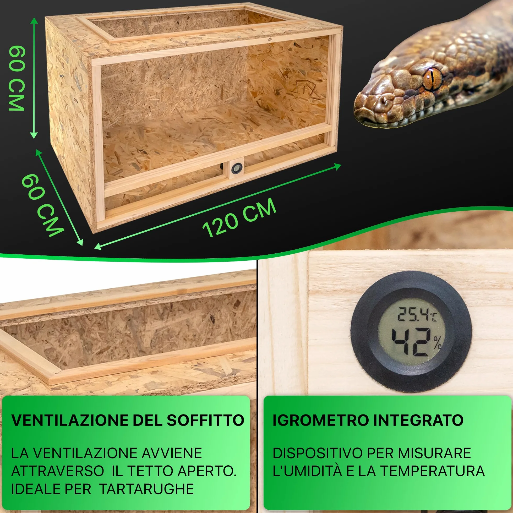 ITA Terrario per tartarughe 120x60x60 cm con tetto aperto e igrometro integrato - Terrario in legno OSB-3 - Per tartarughe e altri animali - Prodotto UE