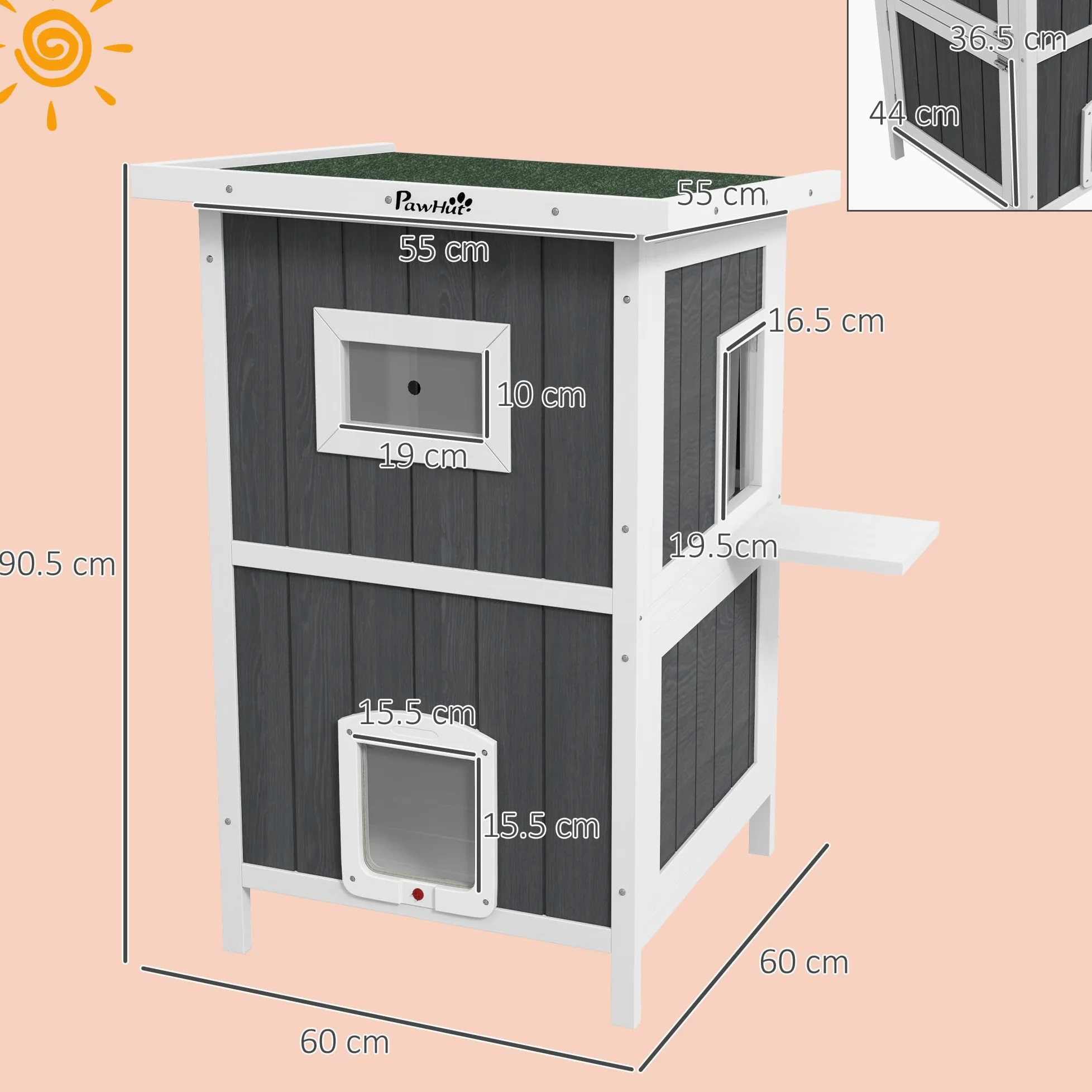 PawHut Cuccia Gatto Esterno in Legno di Abete a 2 Piani, Casetta per Gatti da Esterno con Tetto Apribile e Impermeabile, 60x60x90.5cm