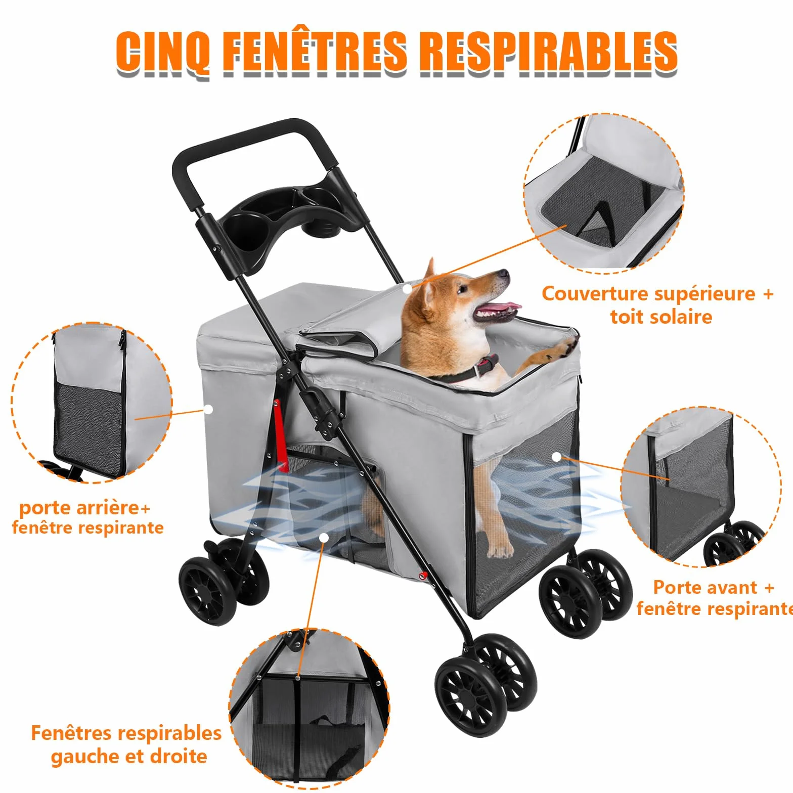 OHMG Passeggino cane gatto passeggino pieghevole cuscino incluso ruote con freno tessuto 600D Oxford acciaio per animali meno di 20 kg, 95 x 75 x 49 cm