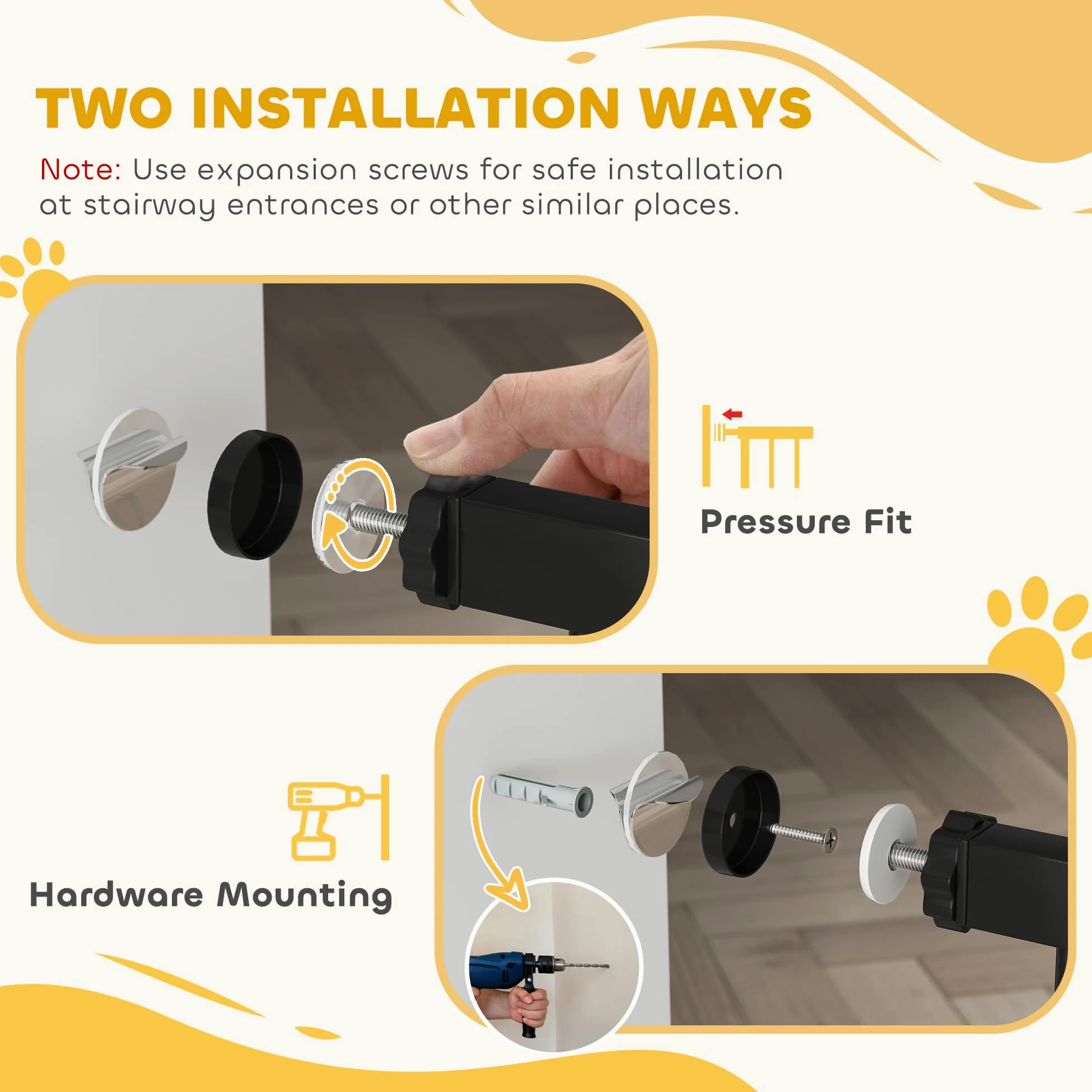 Barriera per cane PawHut Cancelletto regolabile 76-104 cm Barriera di sicurezza cane con 2 estensioni e doppia chiusura per scale e porte Nero