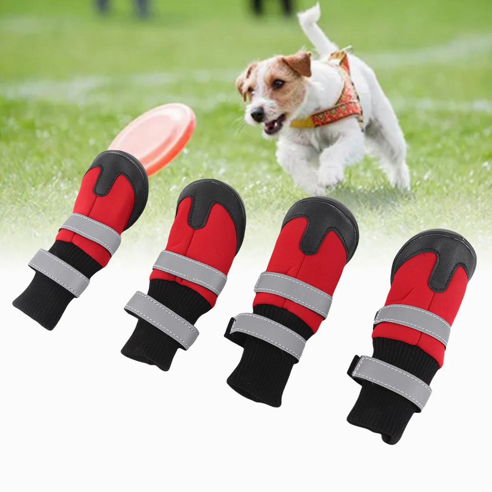 Stivali per Cani 4 Pezzi Scarpe protettive Antiscivolo Nere per Cani da Compagnia Stivali protettivi Caldi Impermeabili per Cani di Taglia Media e Grande(Rosso L)