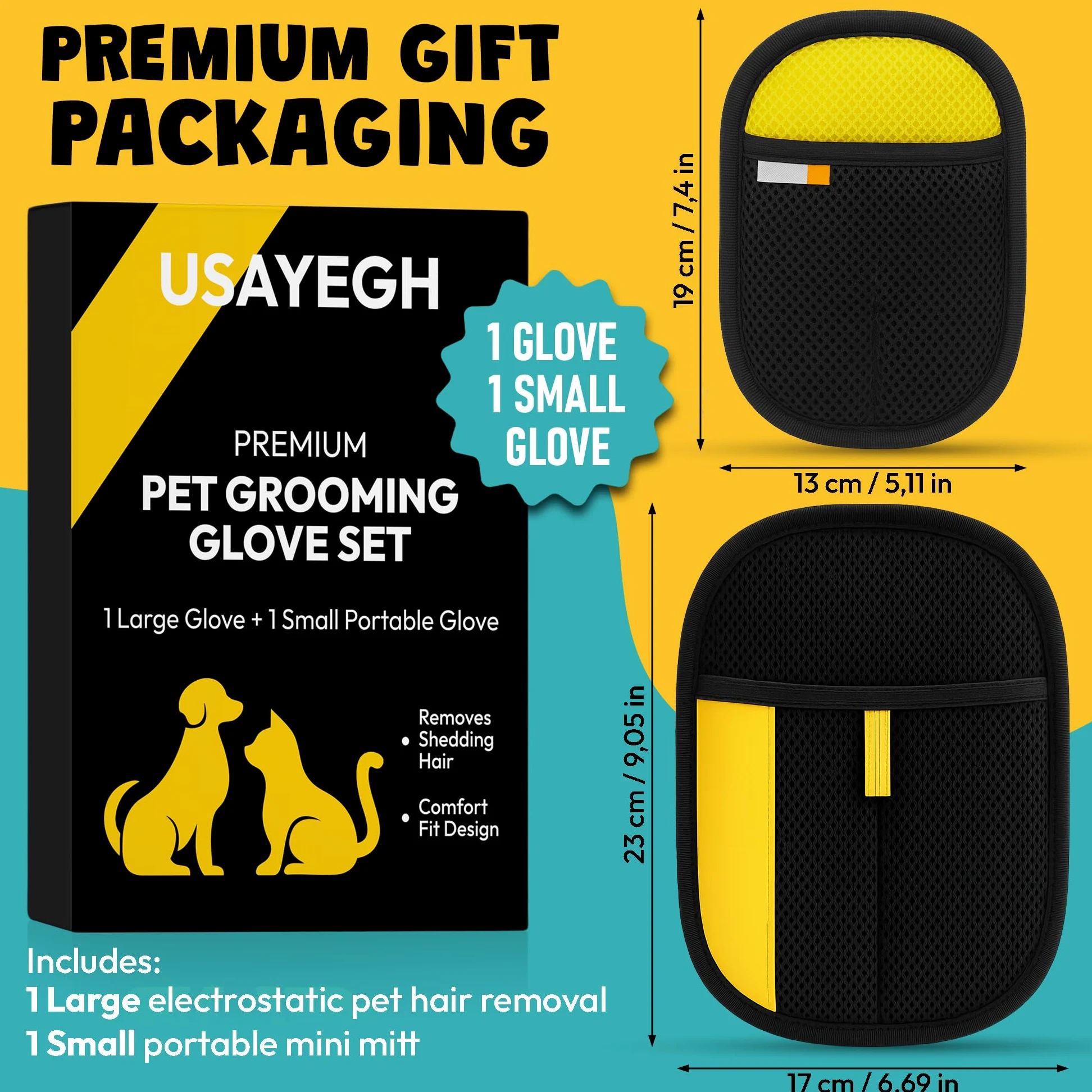 Kit di guanti elettrostatici per la rimozione dei peli di animali domestici, confezione da 2 guanti per la rimozione della pelliccia, per cani e gatti, 1 guanto grande e 1 mini guanto