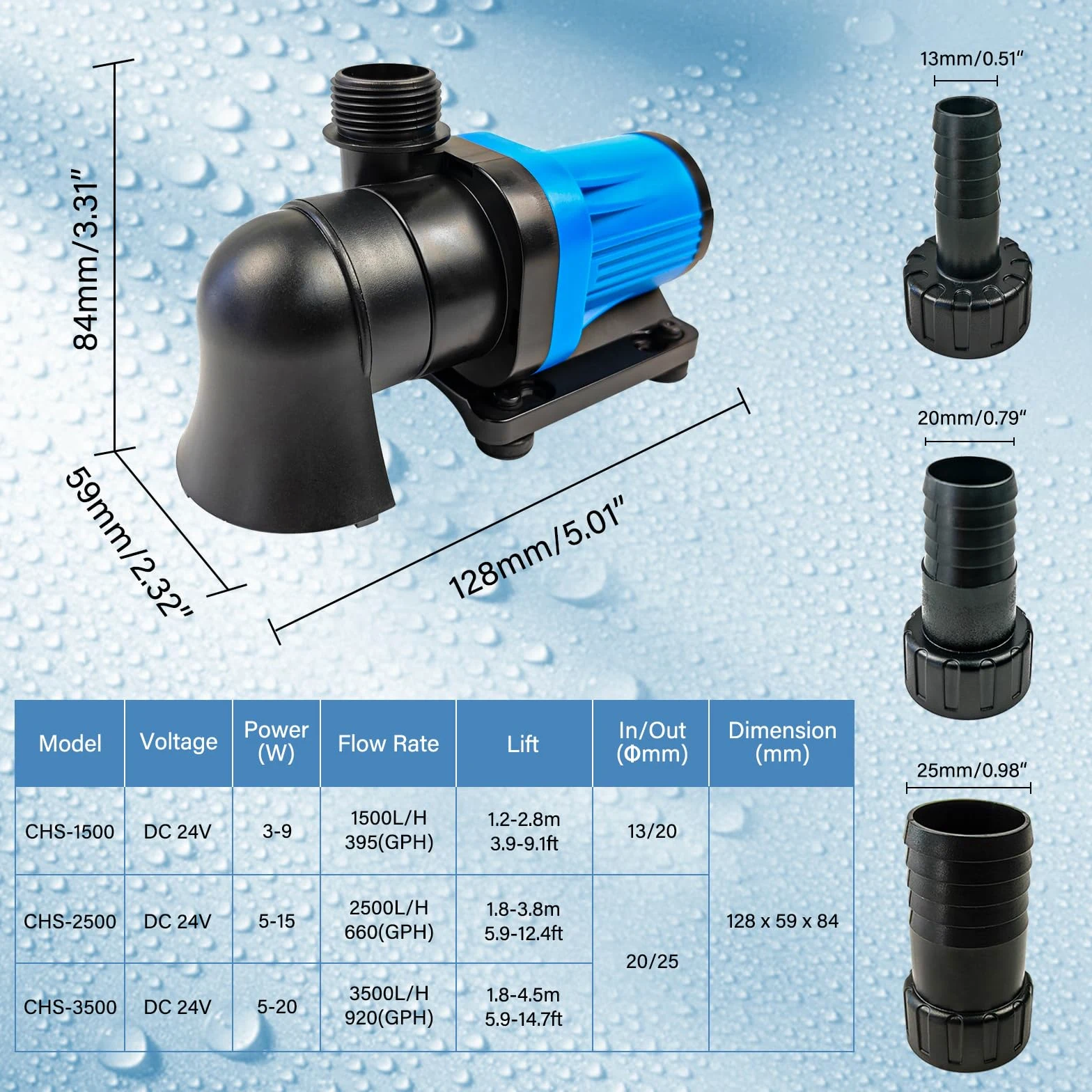 CONQUERALL CHS-3500 DC 24V DC 20W Pompa per acqua a flusso regolabile 920GPH(US) 14.7FT Pompa a ritorno controllato Adatto per idroponica, acquari, cascate, laghetti koi, allevamento koi, fontane
