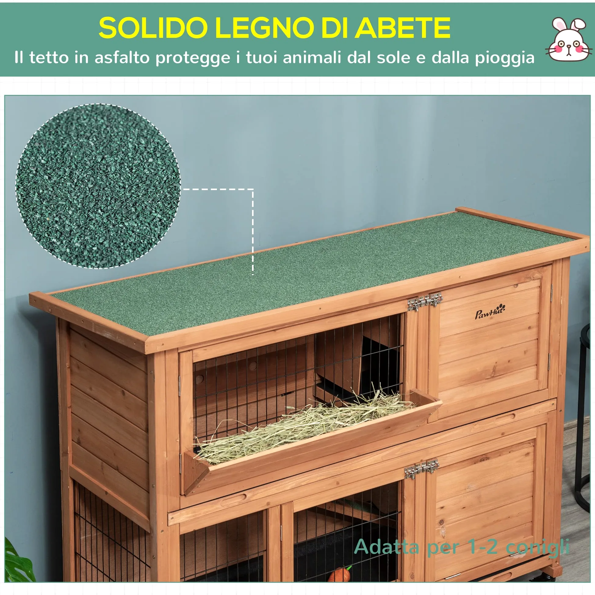 PawHut Conigliera in Legno a 2 Livelli con Ruote, Casetta per Conigli e Porcellini d'India con Vassoio Estraibile e Rampa, Arancione,122x50x101cm