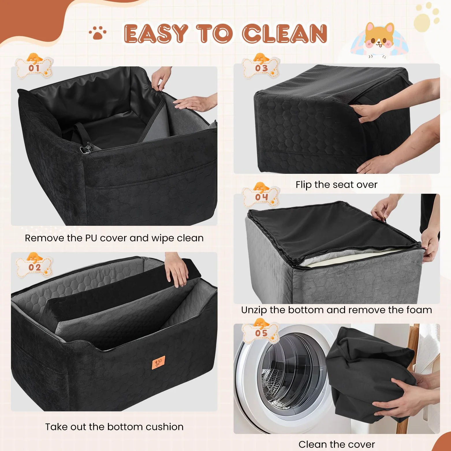 Seggiolino Auto per Cani 78x55x53cm, Rialzo Rimovibile e Lavabile per Cani di Taglia Media e Grande, Guinzaglio Incluso, Seggiolino Cane Auto più Pesanti (con Rivestimento in Pelle Impermeabile)