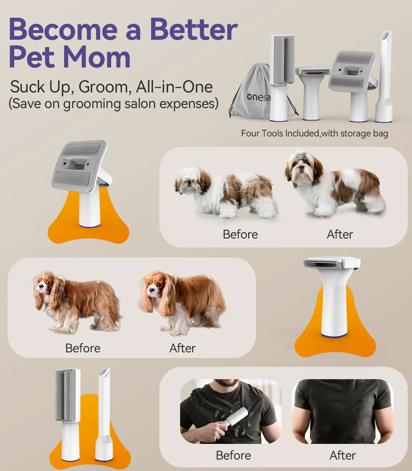 oneisall cane aspirapolvere con spazzola, forte potenza di aspirazione cane spazzola aspirapolvere con 12000 Pa, succhia il 99,99% dei peli di animali domestici (1,5L) con 4 accessori per la cura